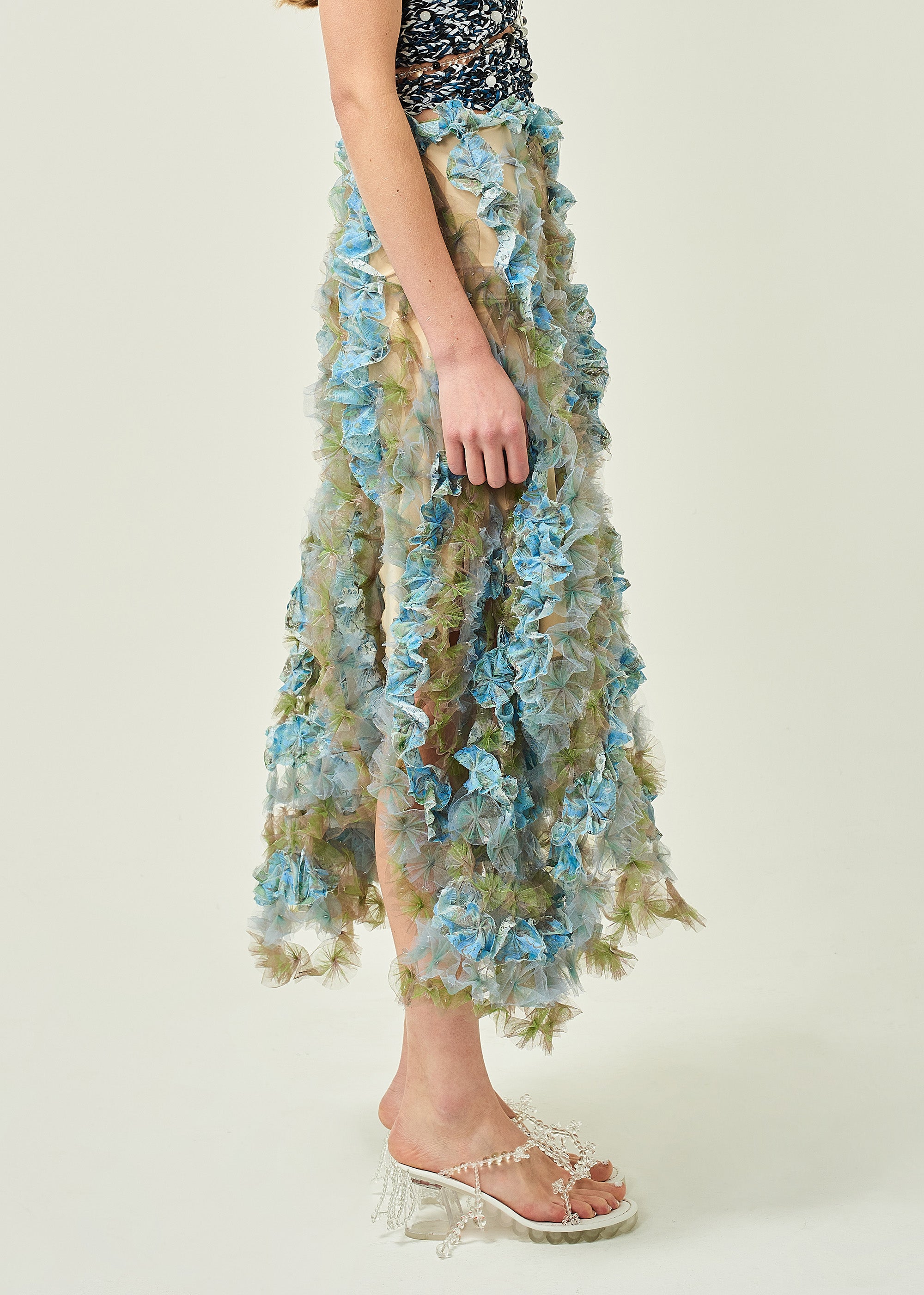WOMEN MIDI BLUE AIR FLOWER PETAL SKIRT FLOWY