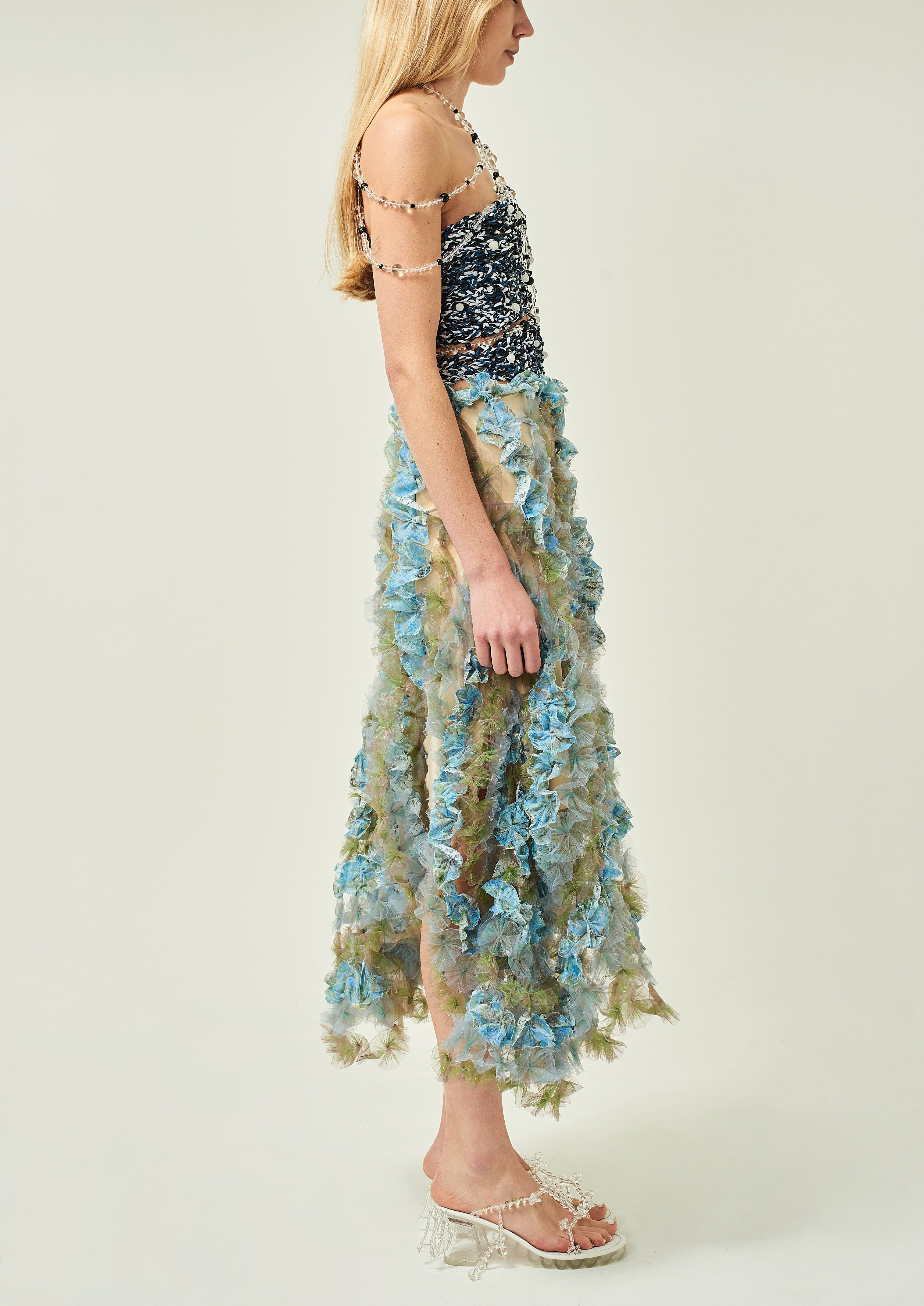 WOMEN MIDI BLUE AIR FLOWER PETAL SKIRT FLOWY