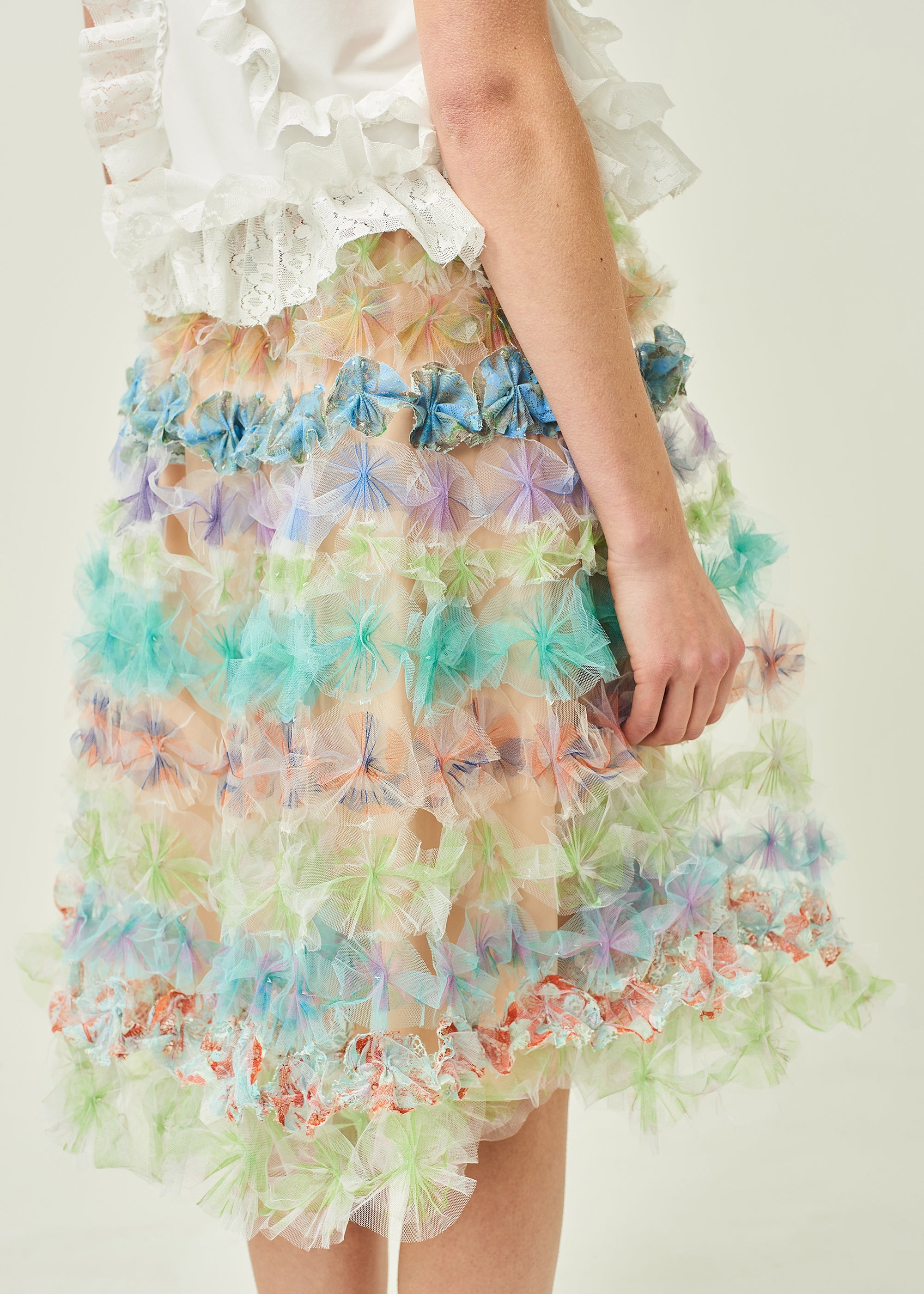 WOMEN MIDI PASTEL GREEN FLOWY AIR FLOWER SKIRT W/ LINING