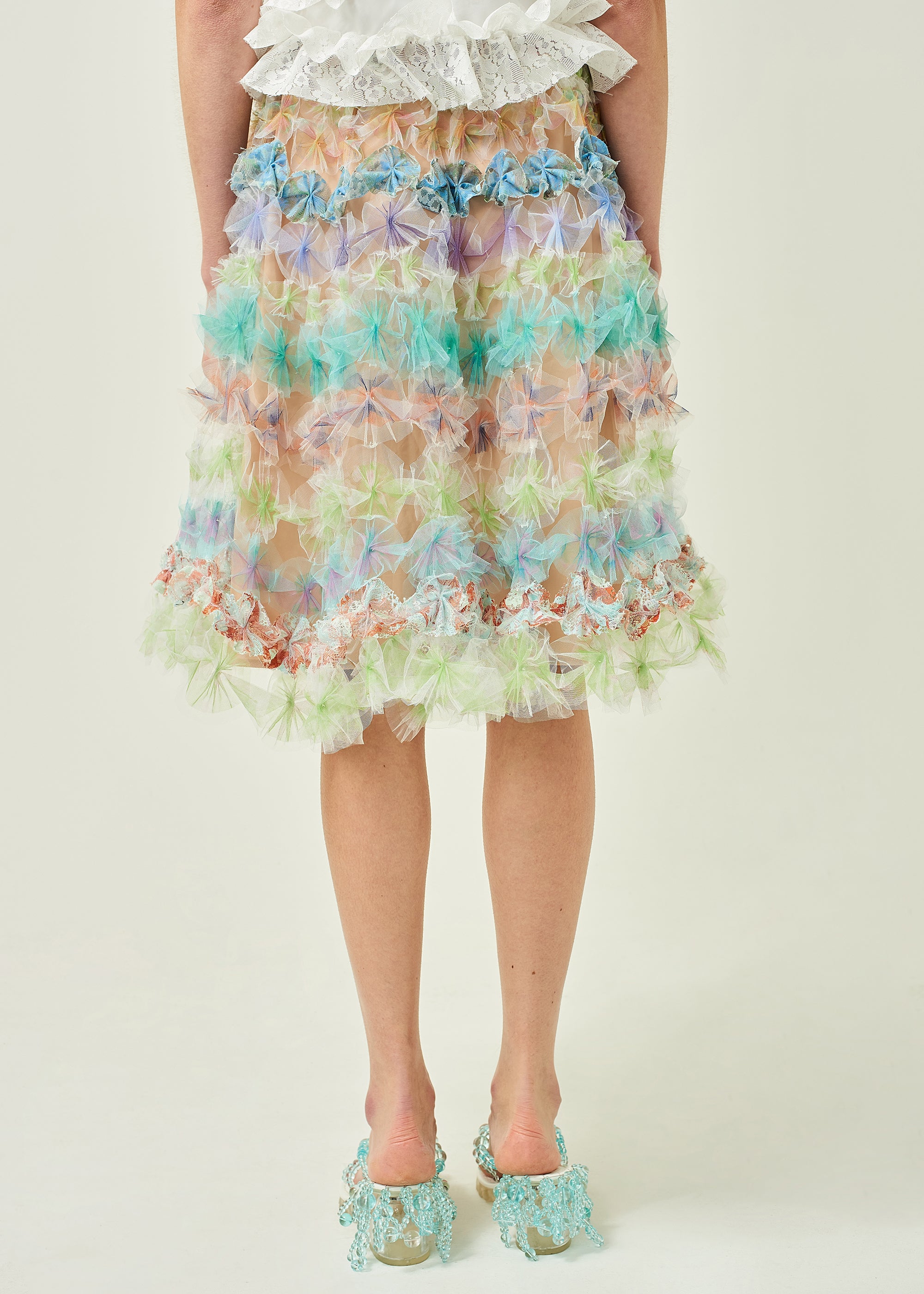 WOMEN MIDI PASTEL GREEN FLOWY AIR FLOWER SKIRT W/ LINING