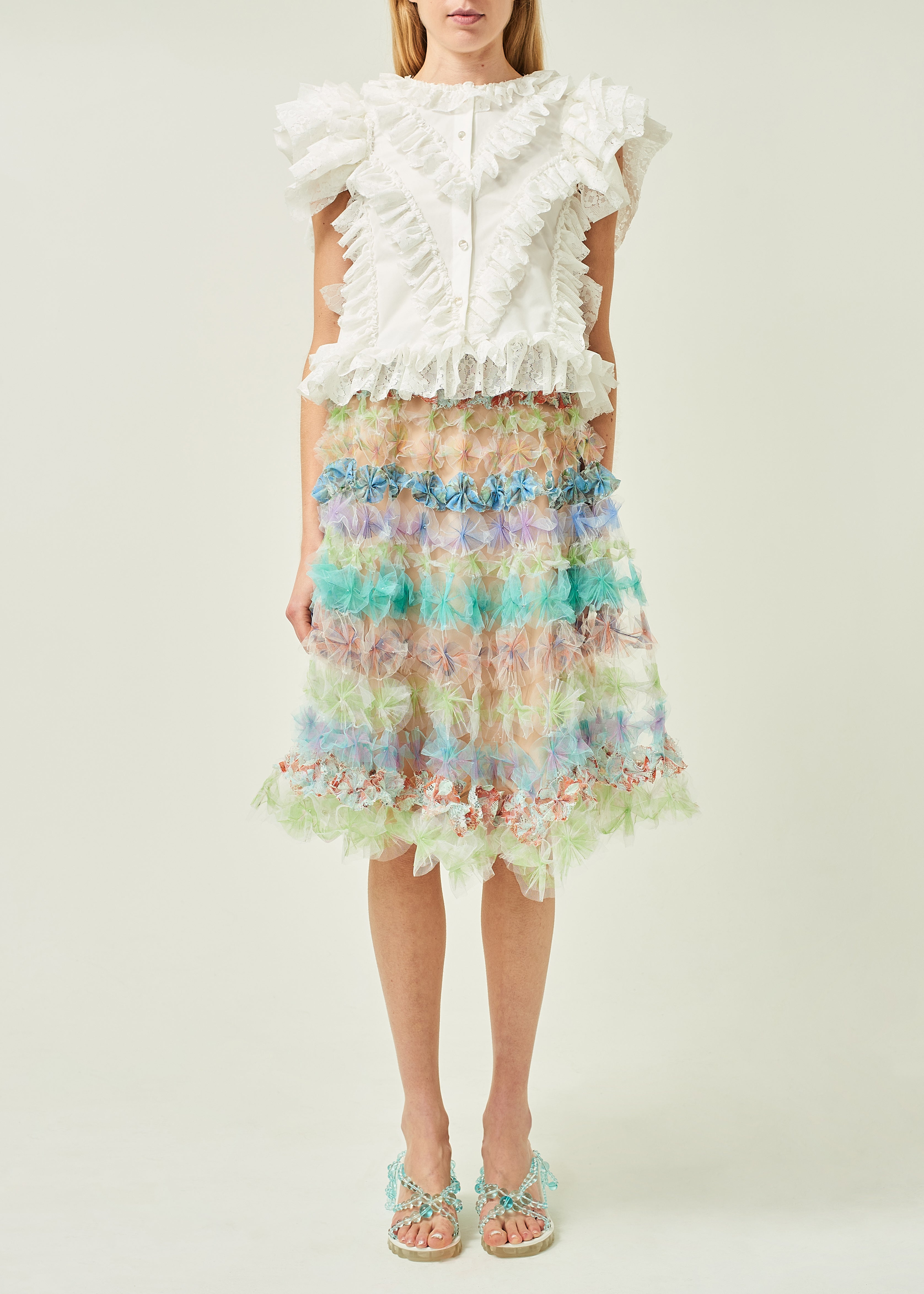 WOMEN MIDI PASTEL GREEN FLOWY AIR FLOWER SKIRT W/ LINING