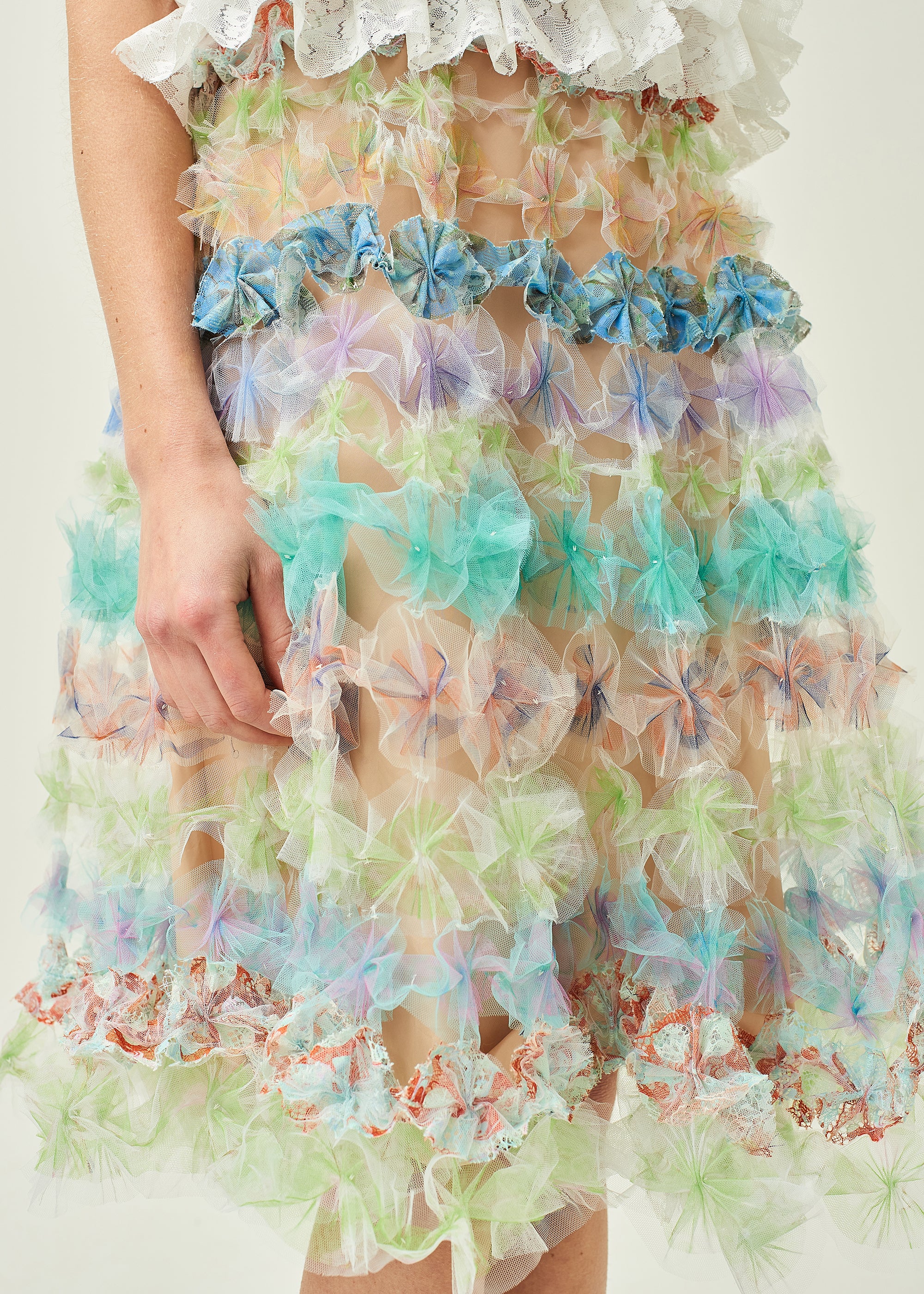 WOMEN MIDI PASTEL GREEN FLOWY AIR FLOWER SKIRT W/ LINING