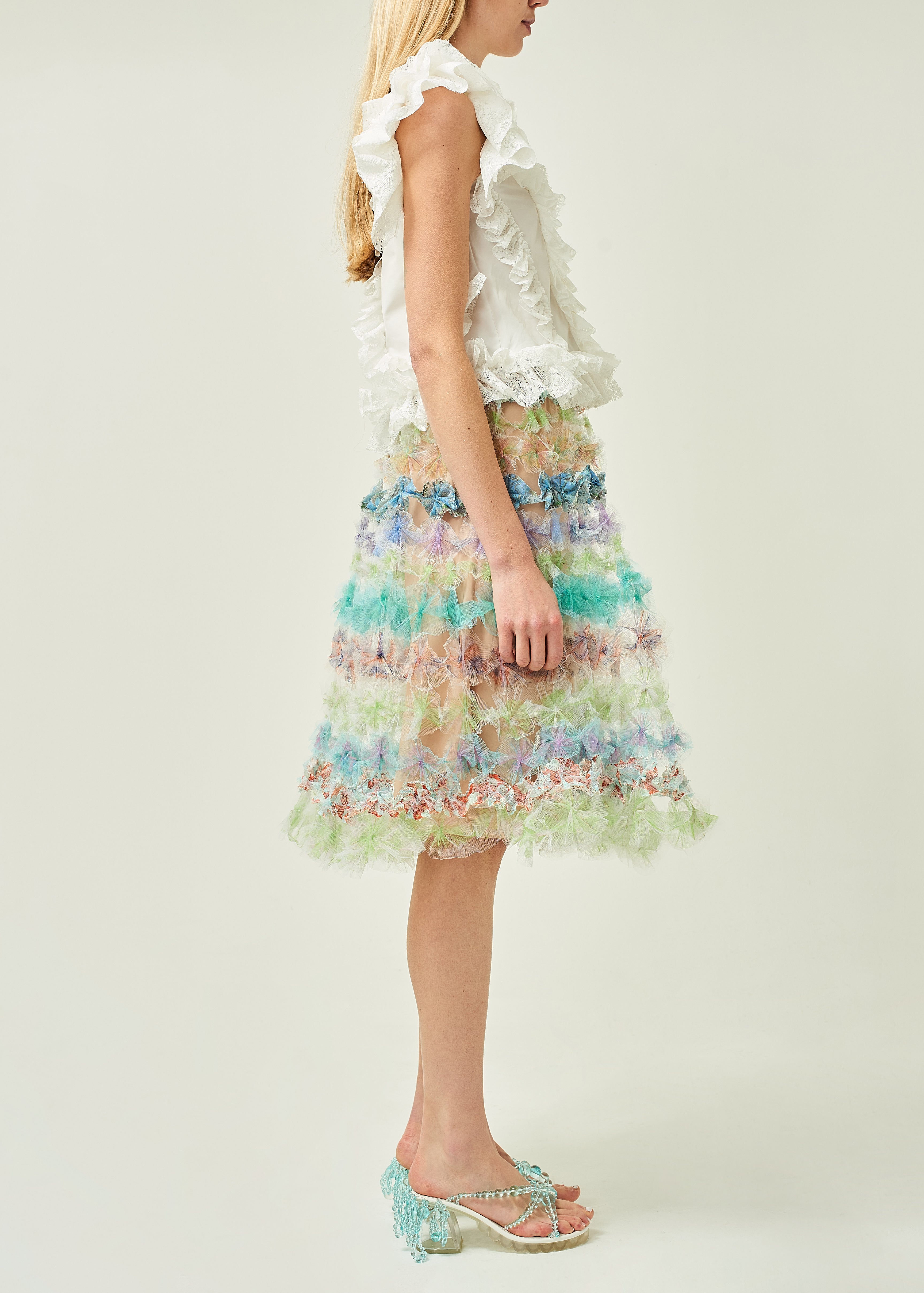WOMEN MIDI PASTEL GREEN FLOWY AIR FLOWER SKIRT W/ LINING