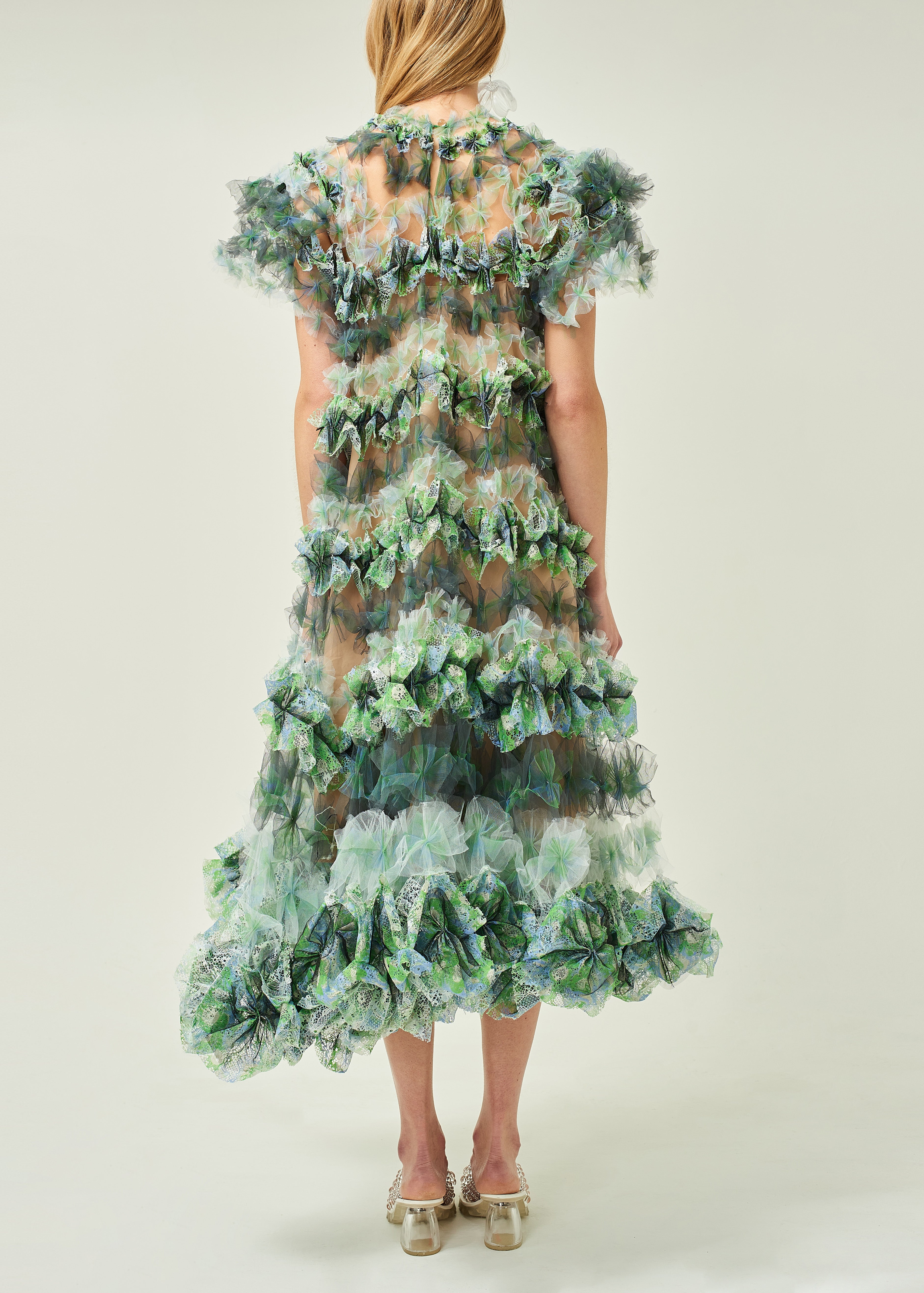 WOMEN STYLE GREEN RUFFLE AIR FLOWER TIERED DRESS