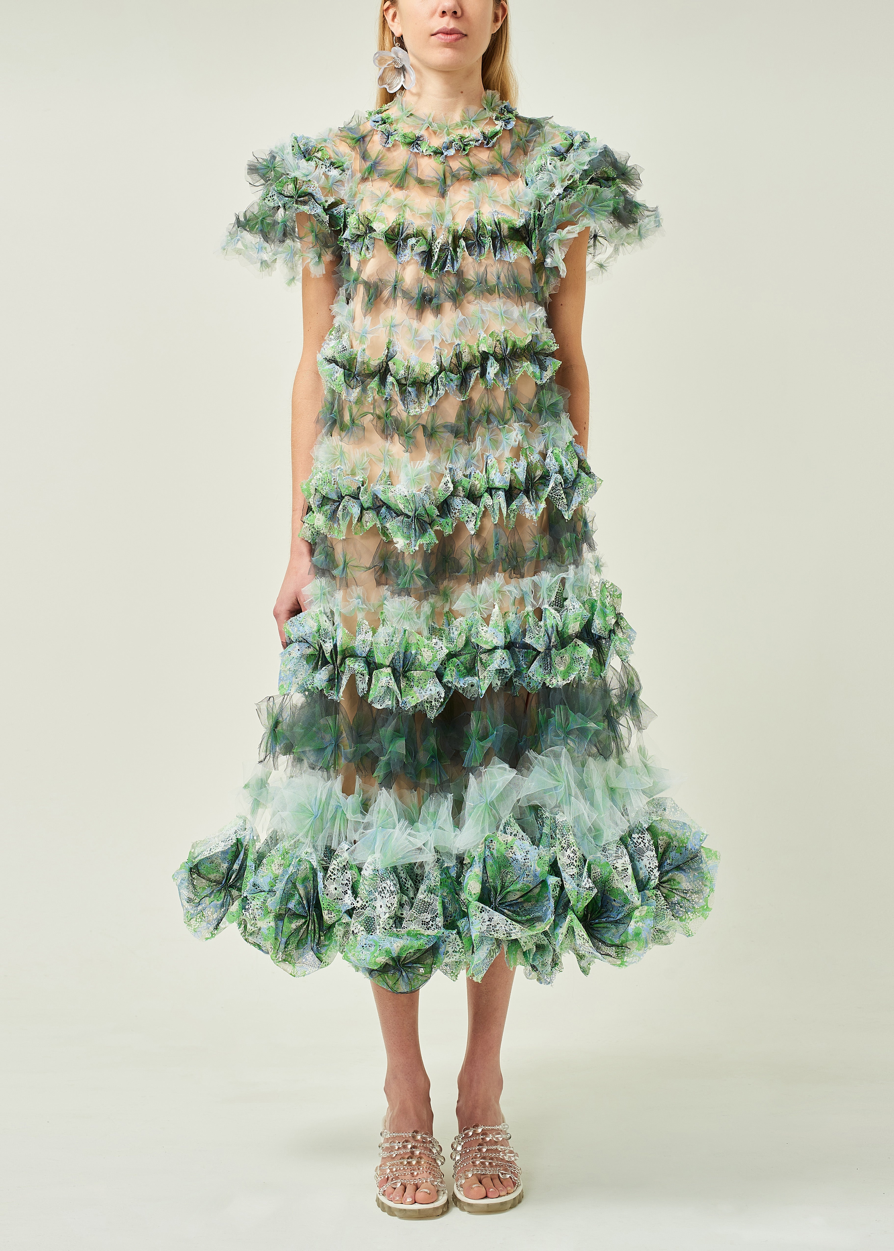 WOMEN STYLE GREEN RUFFLE AIR FLOWER TIERED DRESS