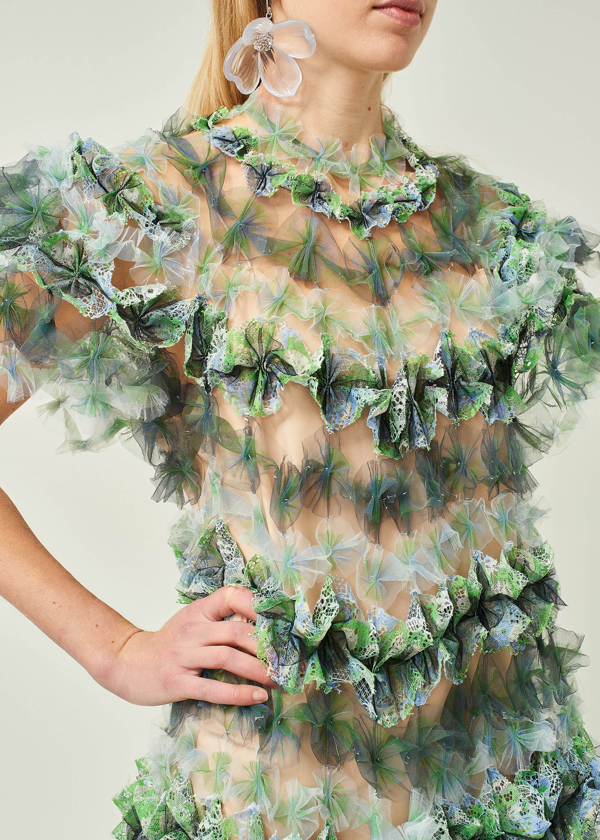 WOMEN STYLE GREEN RUFFLE AIR FLOWER TIERED DRESS