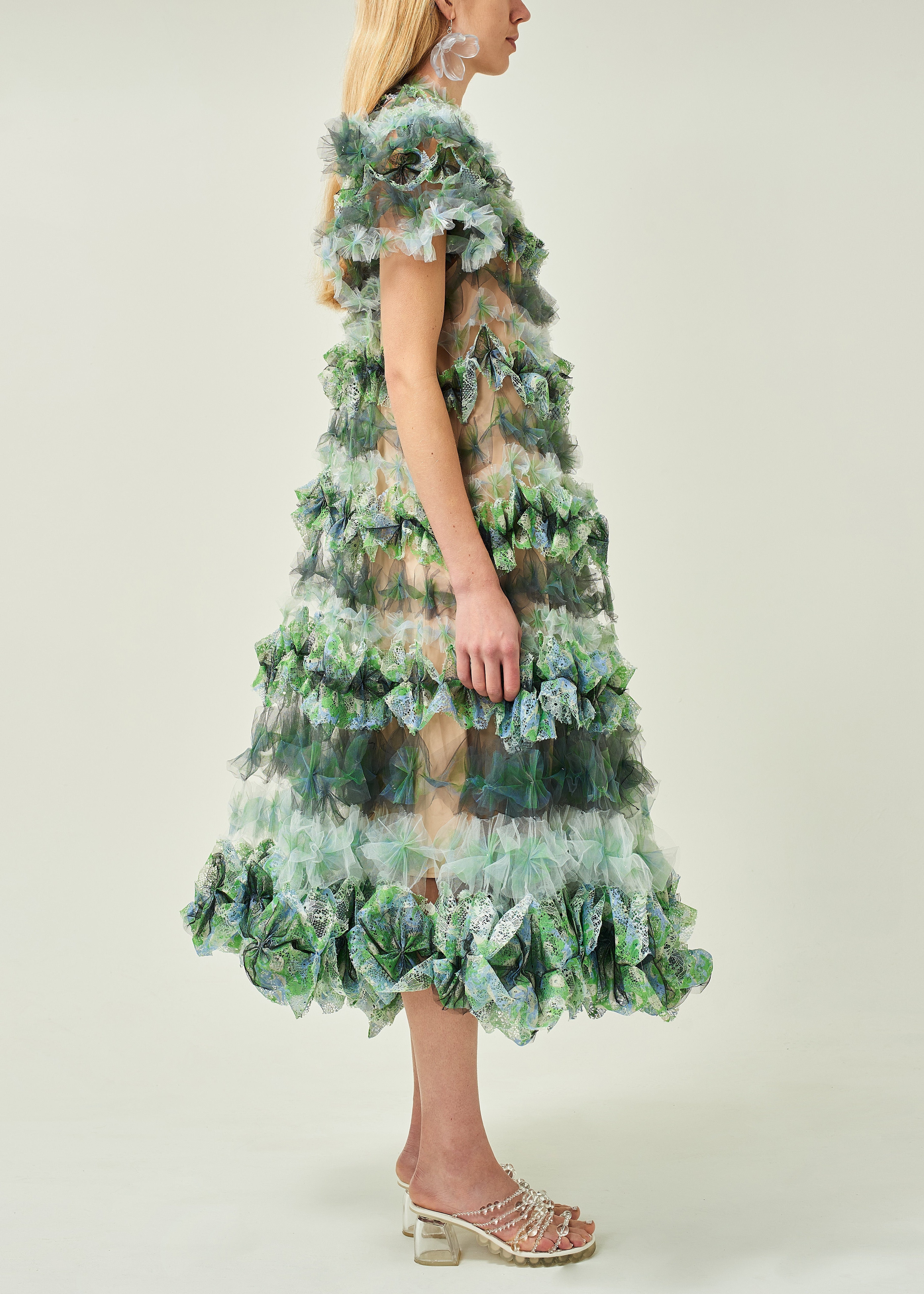WOMEN STYLE GREEN RUFFLE AIR FLOWER TIERED DRESS