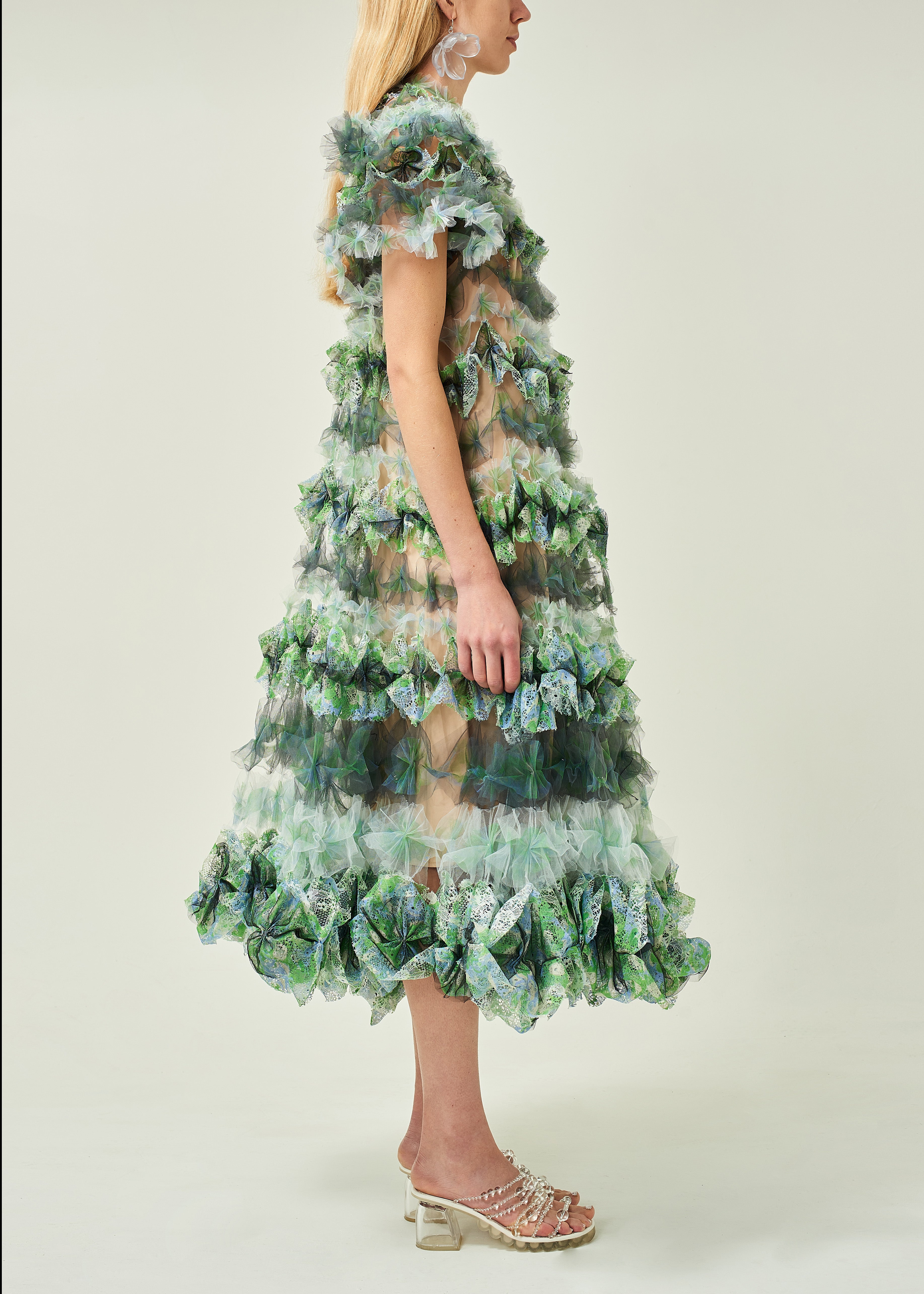 WOMEN STYLE GREEN RUFFLE AIR FLOWER TIERED DRESS