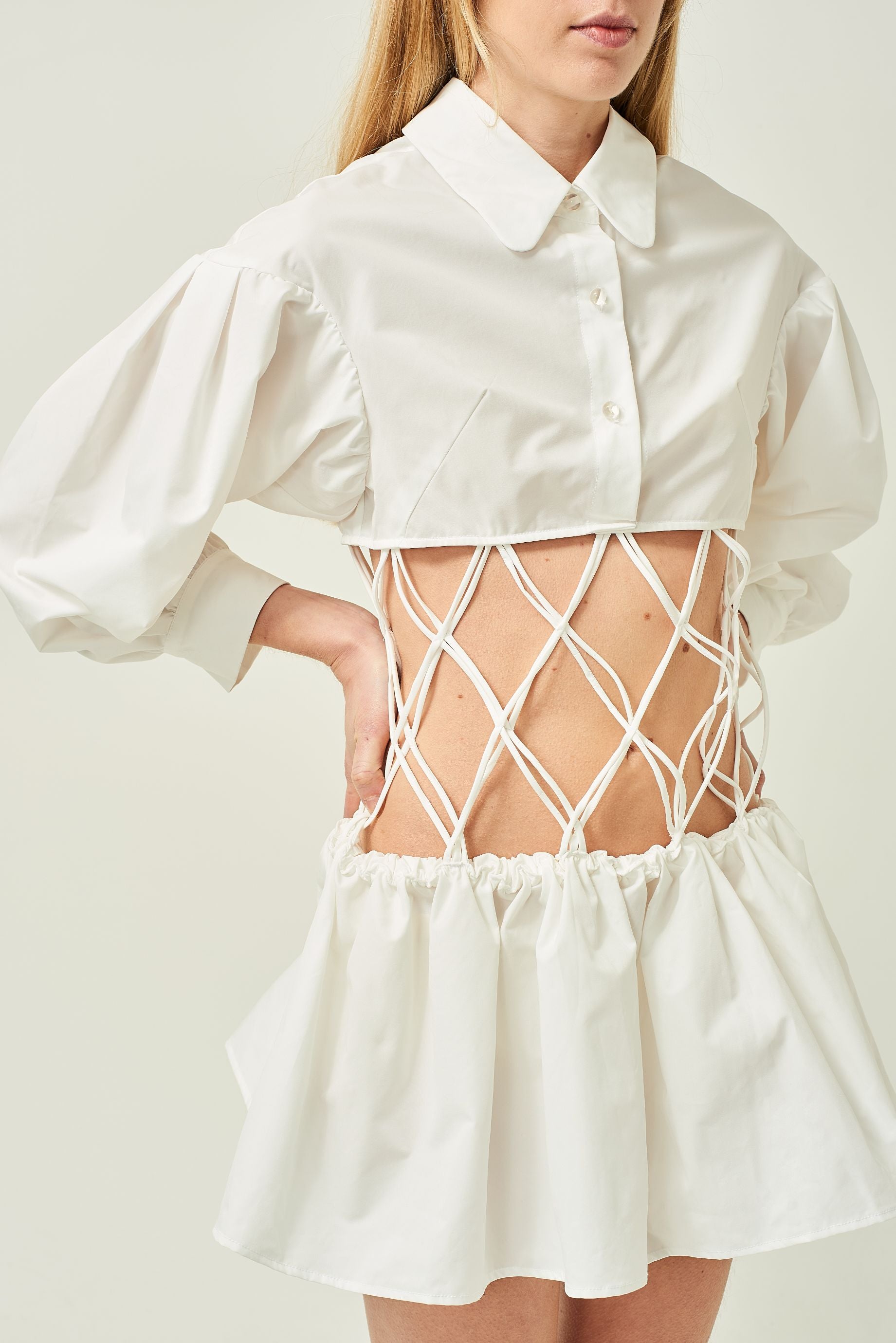 WOMEN LONG SLEEVE STYLE WHITE MINI SHORT AIR WEAVED POPLIN DRESS