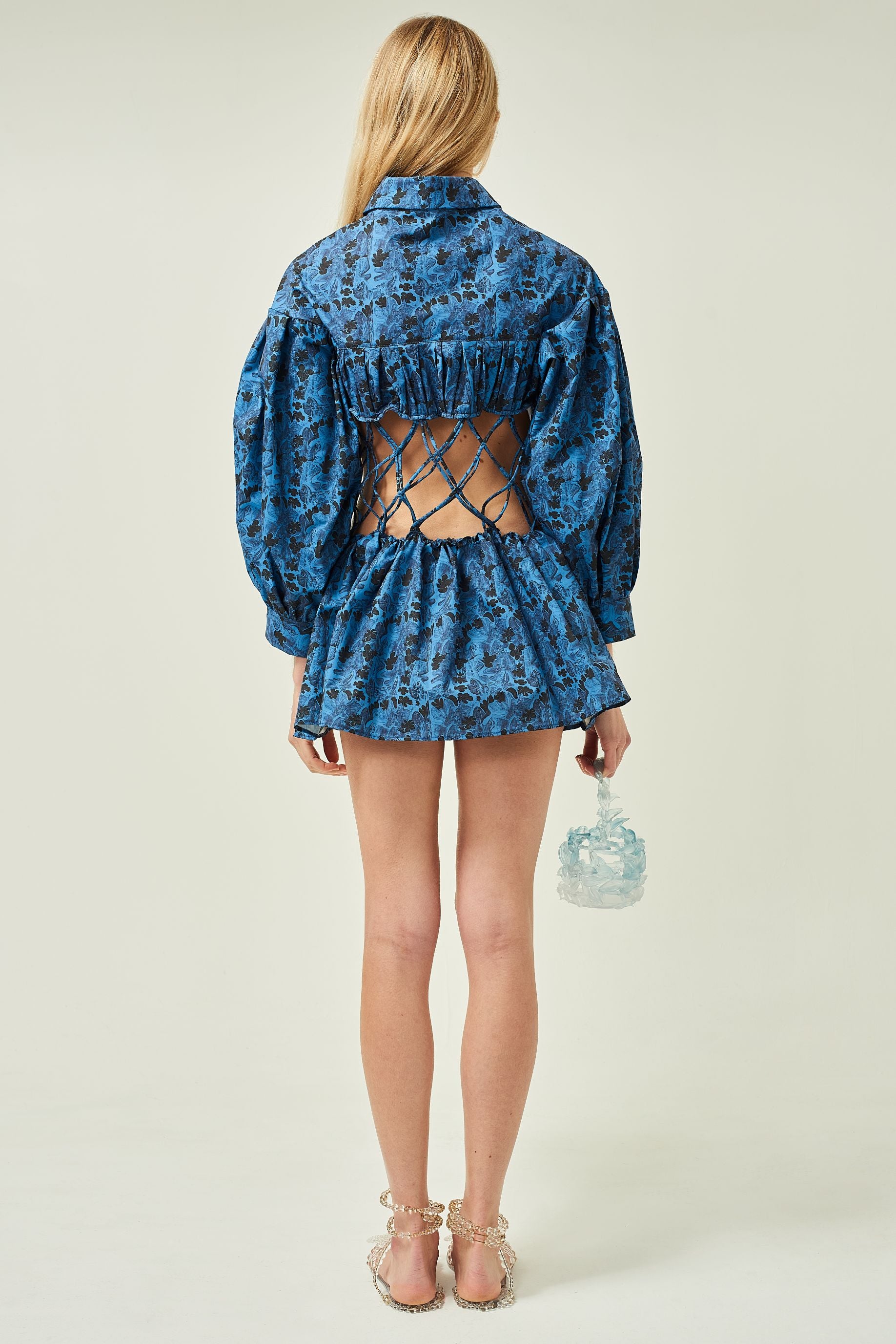 WOMEN LONG SLEEVE STYLE BLUE MINI SHORT AIR WEAVED POPLIN DRESS
