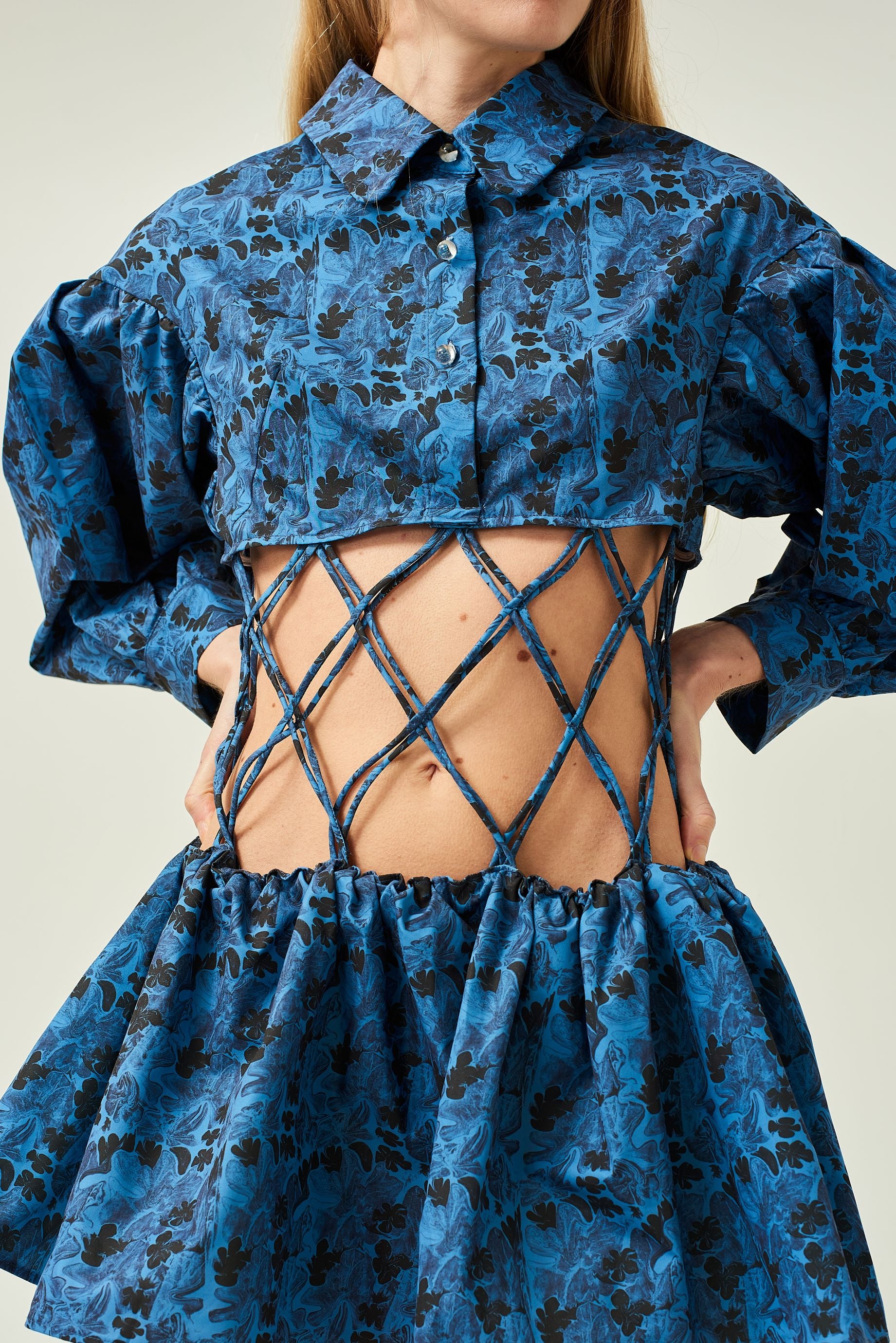 WOMEN LONG SLEEVE STYLE BLUE MINI SHORT AIR WEAVED POPLIN DRESS