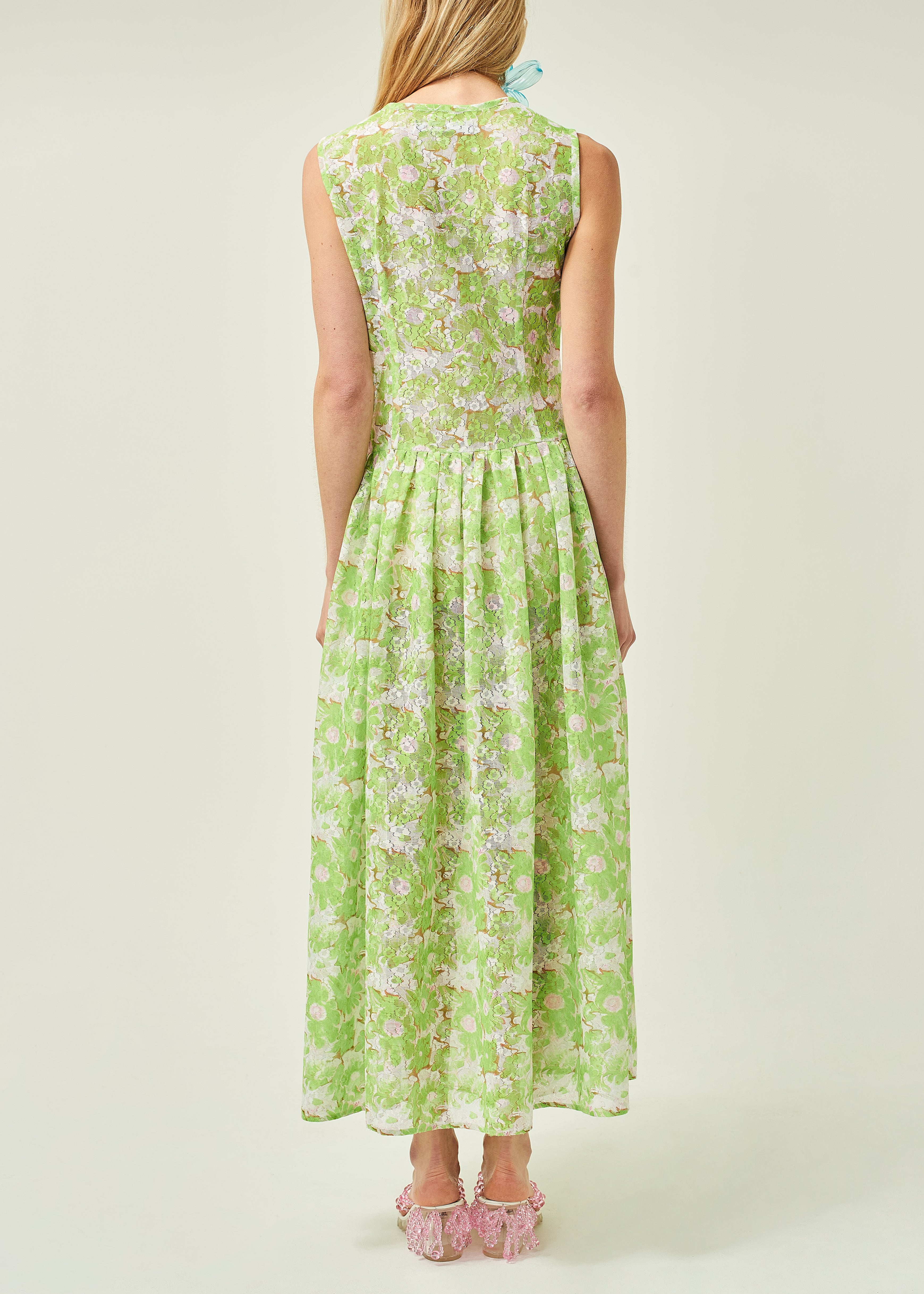 WOMEN STYLE SLEEVELESS ASYMMETRICAL LACE MIDI DRESS GREEN