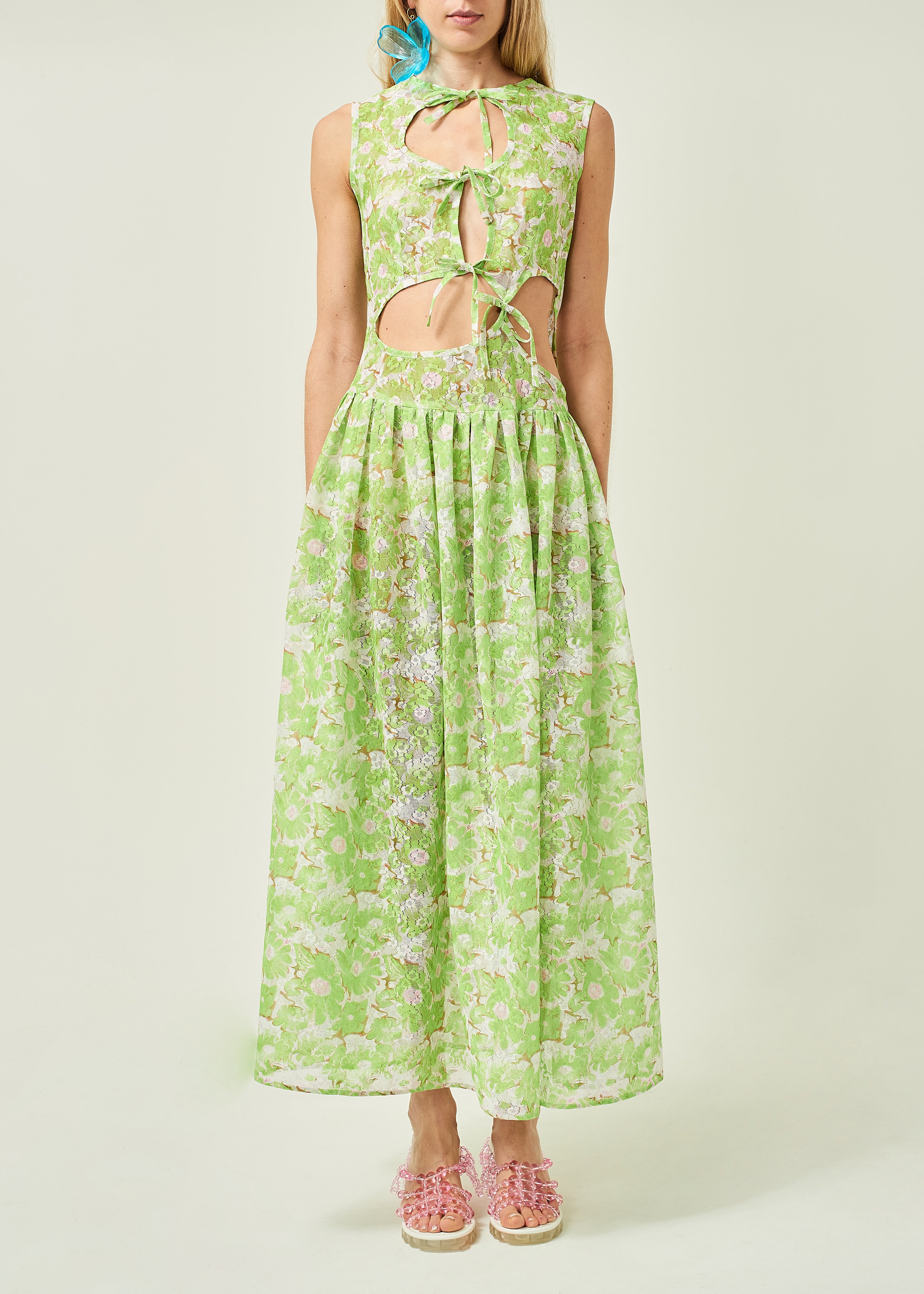 WOMEN STYLE SLEEVELESS ASYMMETRICAL LACE MIDI DRESS GREEN