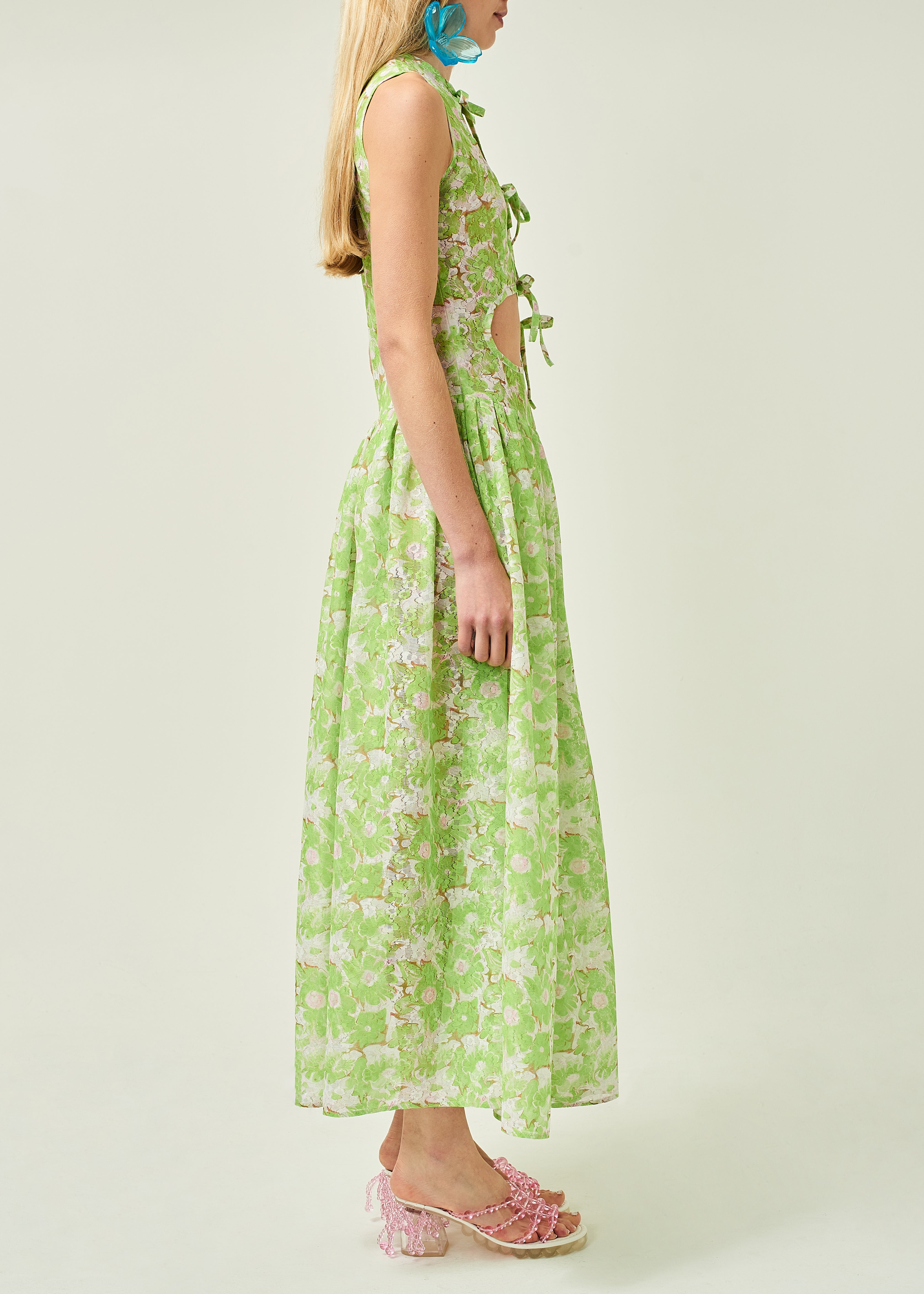 WOMEN STYLE SLEEVELESS ASYMMETRICAL LACE MIDI DRESS GREEN