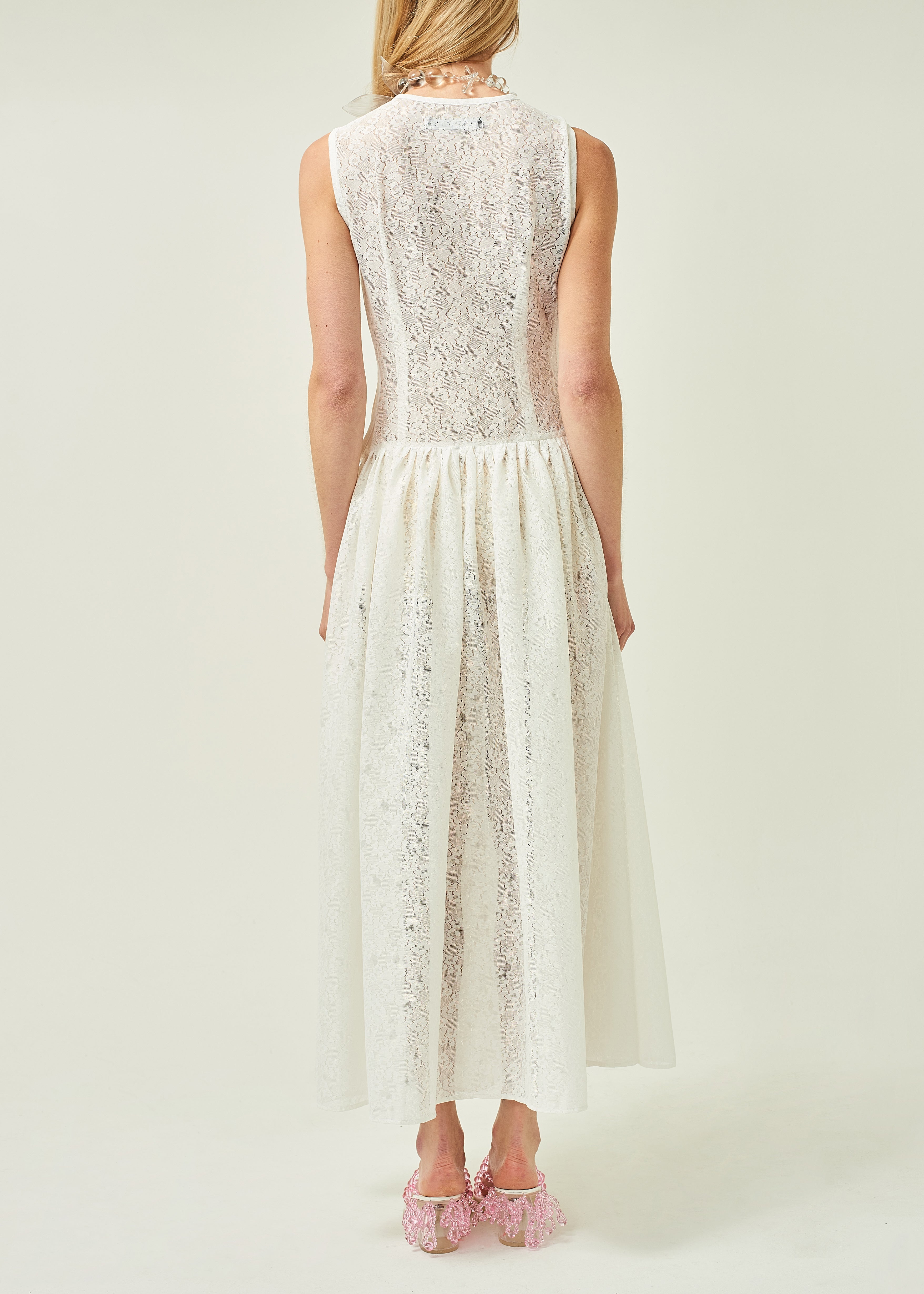 WOMEN STYLE SLEEVELESS ASYMMETRICAL LACE MIDI DRESS WHITE