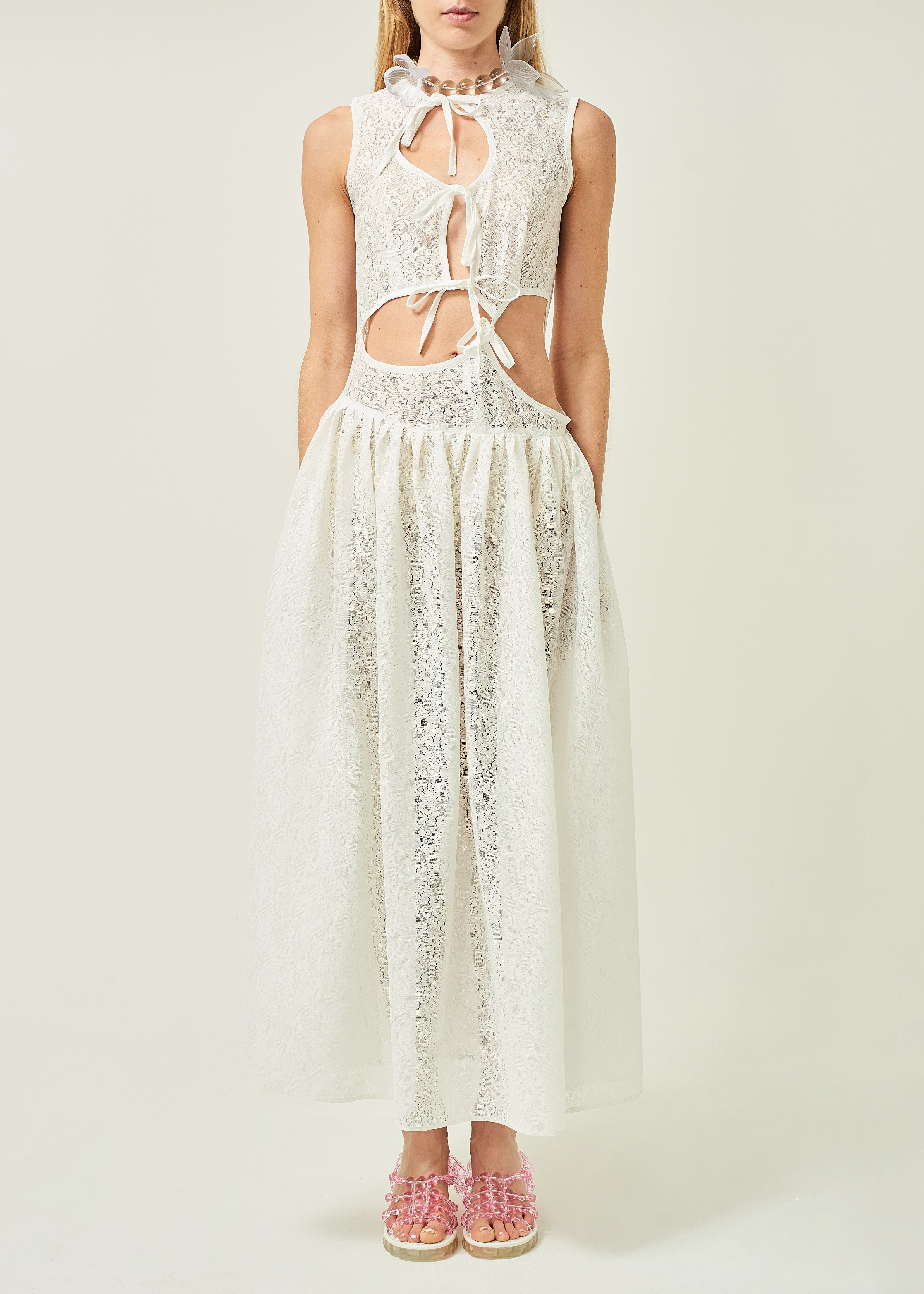 WOMEN STYLE SLEEVELESS ASYMMETRICAL LACE MIDI DRESS WHITE