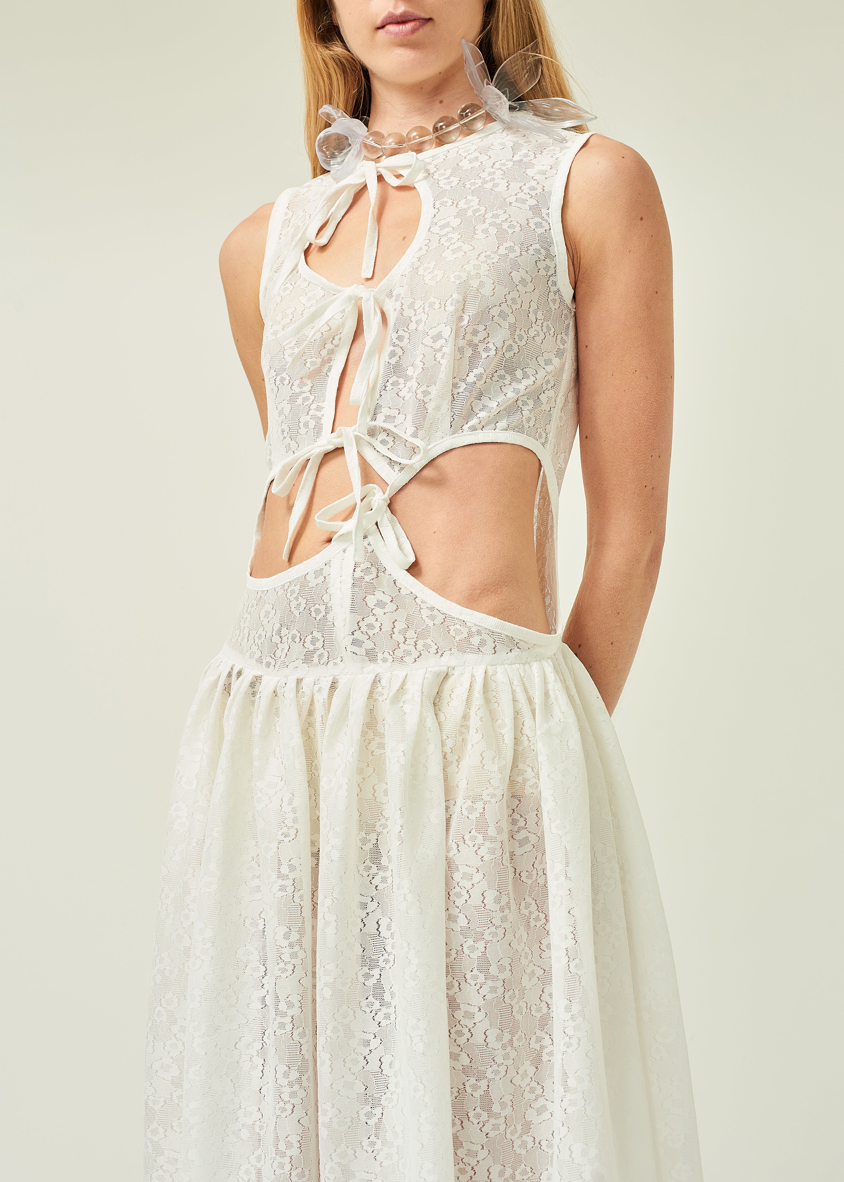 WOMEN STYLE SLEEVELESS ASYMMETRICAL LACE MIDI DRESS WHITE