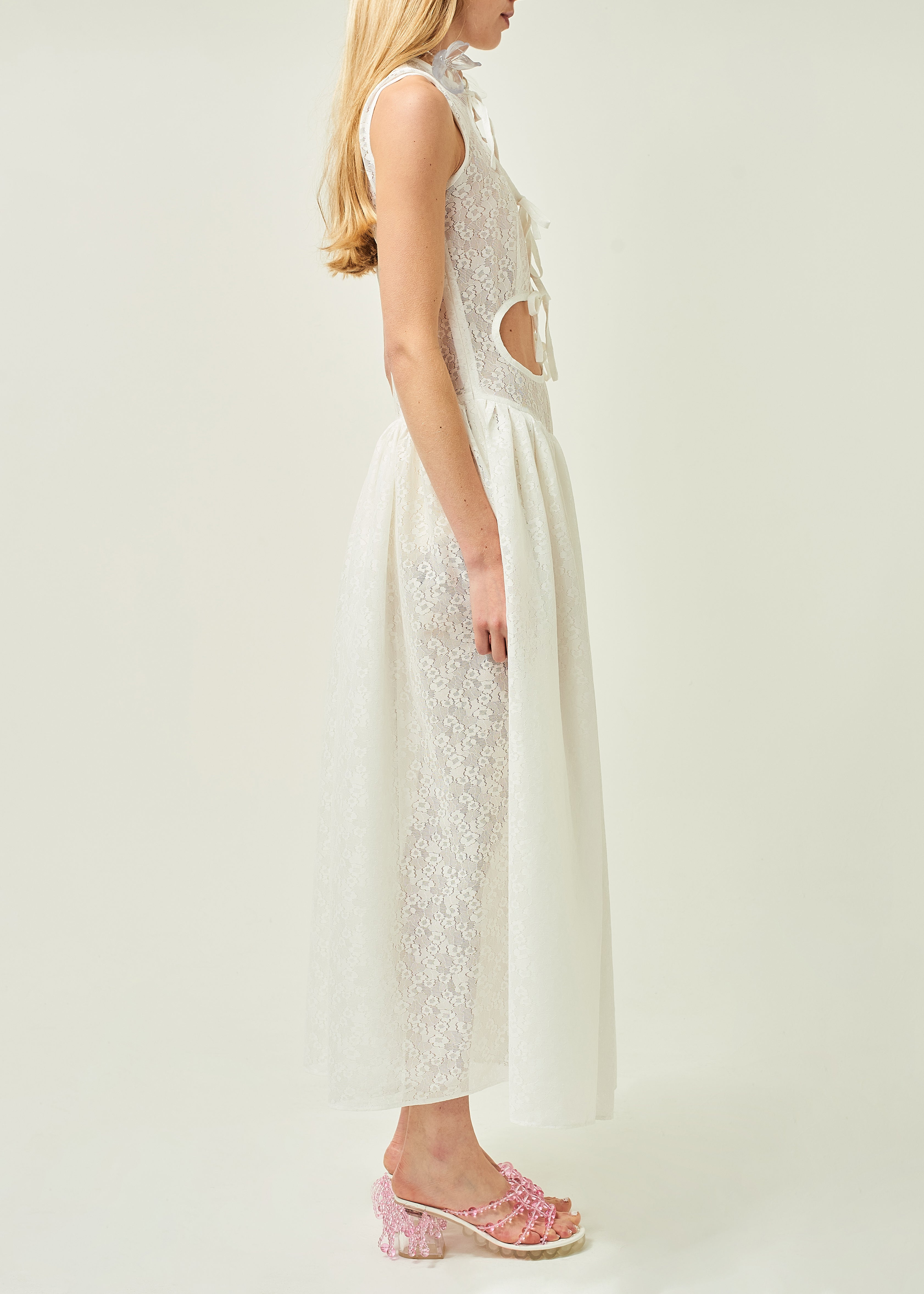 WOMEN STYLE SLEEVELESS ASYMMETRICAL LACE MIDI DRESS WHITE