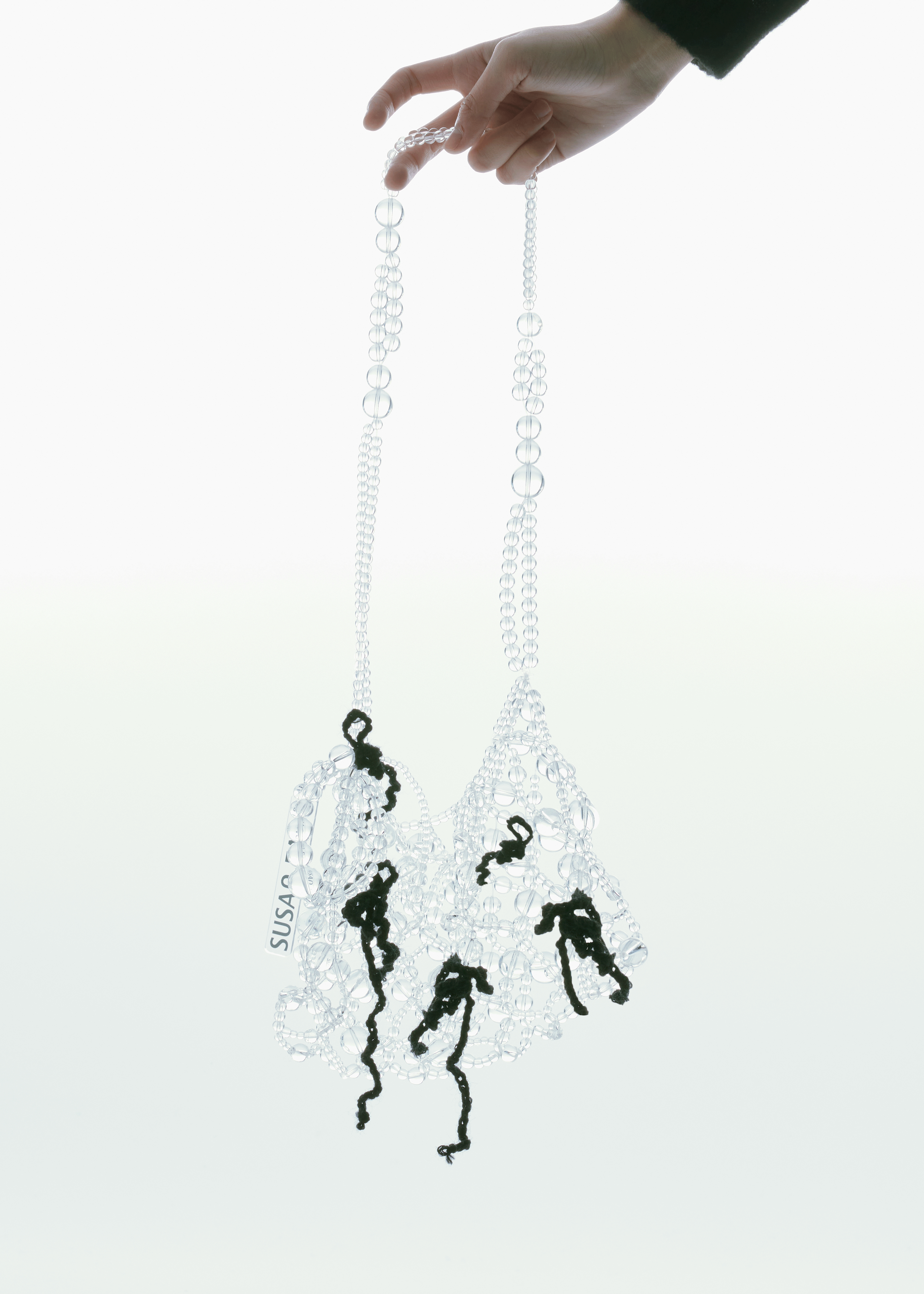 BEADED BAG WITH BLACK CROCHET BOW WOMAN CLEAR RIBBON SHOULDER PURSE
