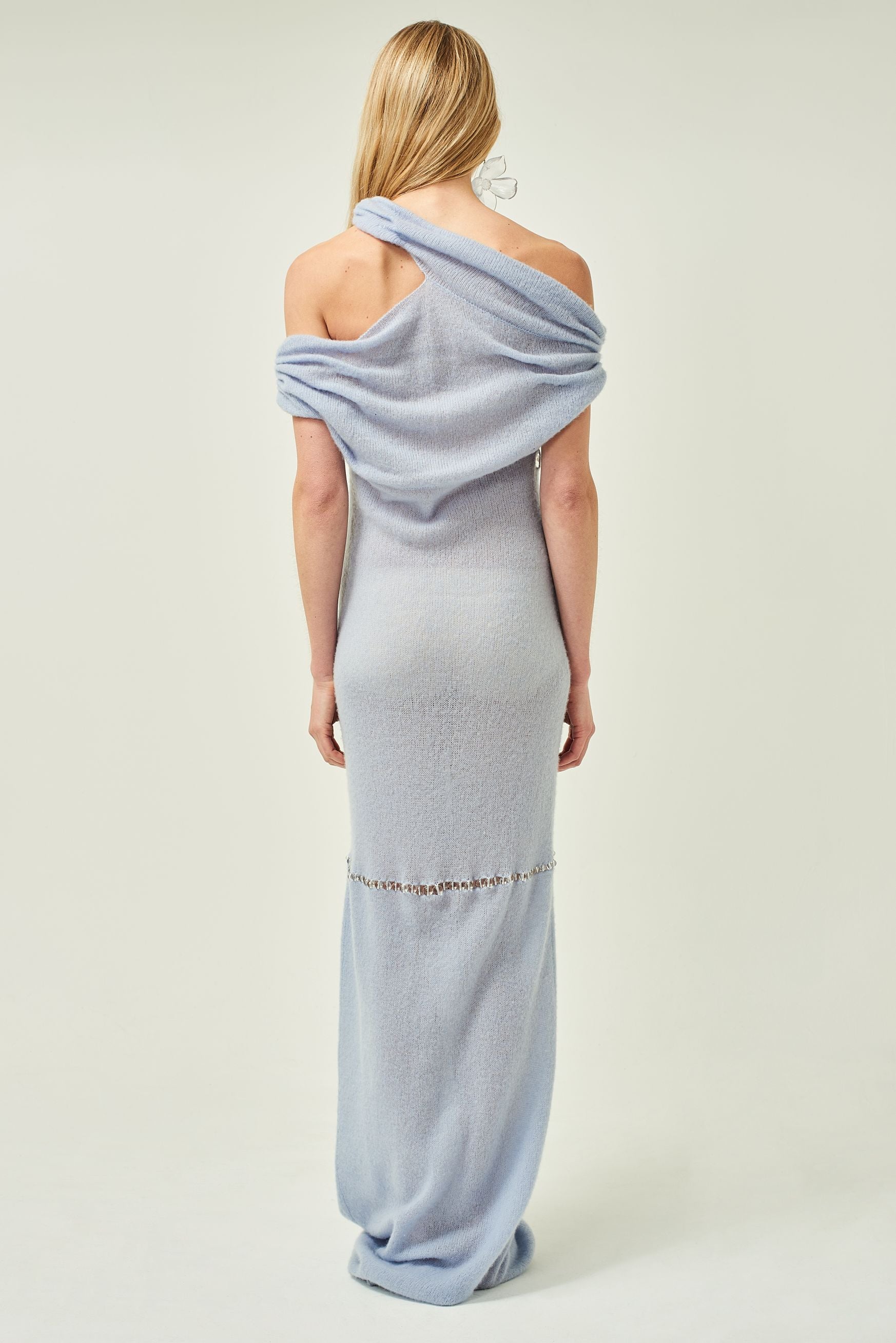 WOMEN STYLE MAXI BLUE CUT OUT STYLE OFF SHOULDER BEADED CASHMERE DRESS