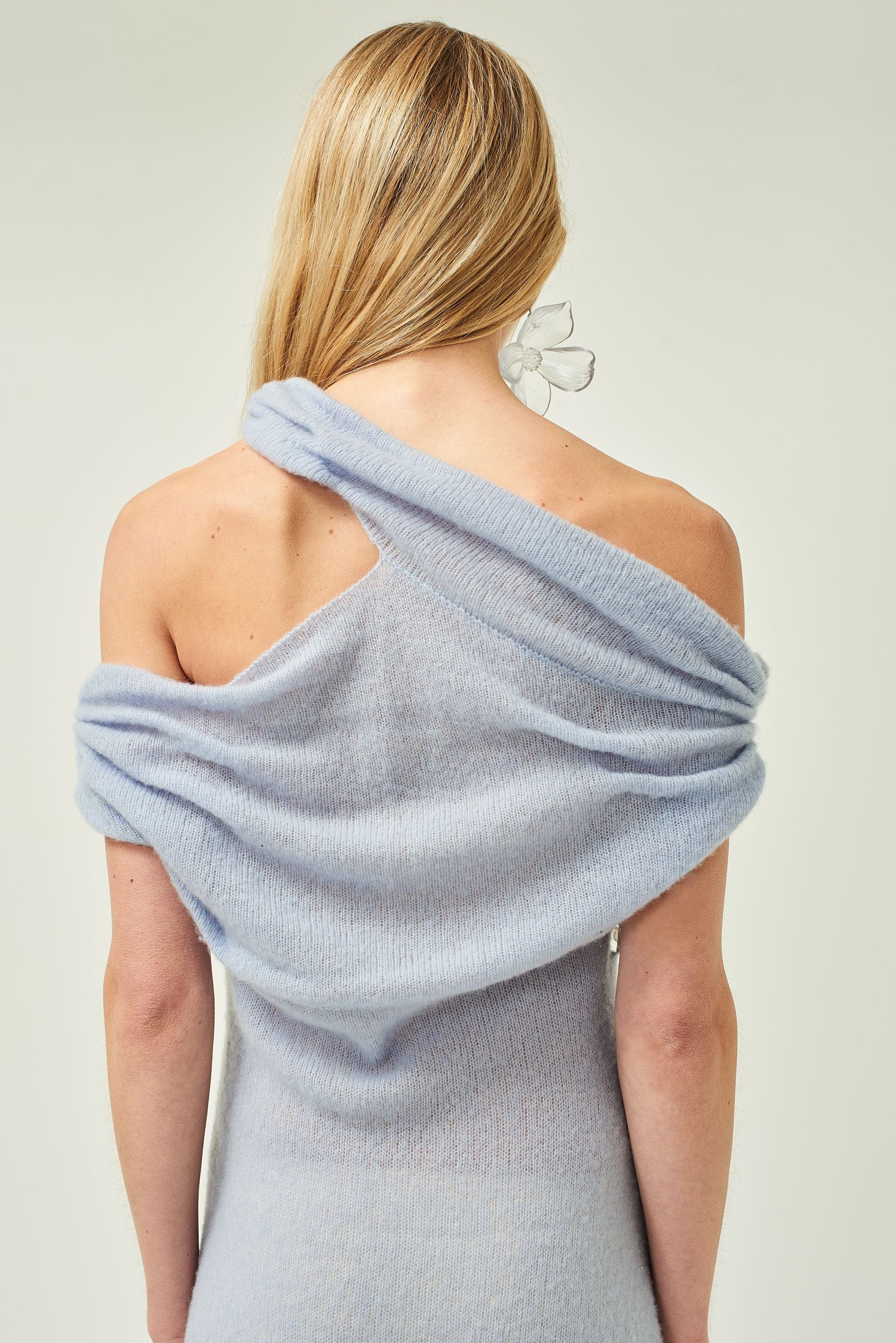 WOMEN STYLE MAXI BLUE CUT OUT STYLE OFF SHOULDER BEADED CASHMERE DRESS