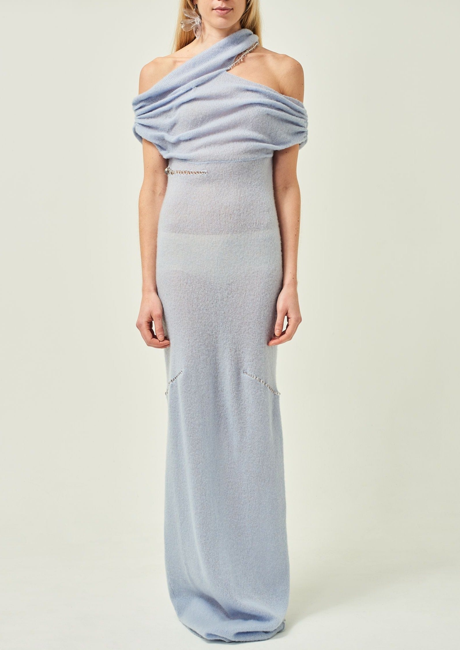 WOMEN STYLE MAXI BLUE CUT OUT STYLE OFF SHOULDER BEADED CASHMERE DRESS