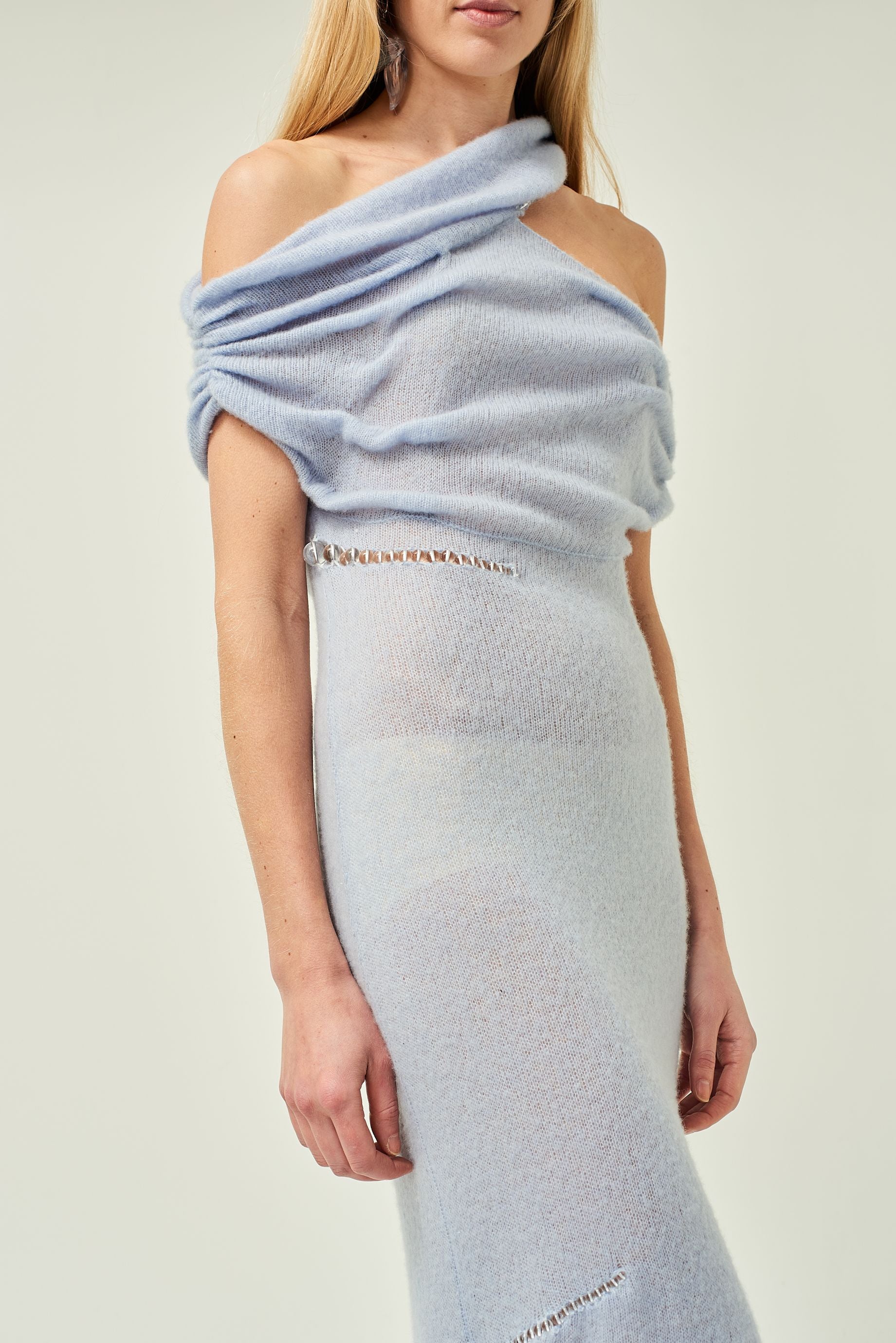 WOMEN STYLE MAXI BLUE CUT OUT STYLE OFF SHOULDER BEADED CASHMERE DRESS