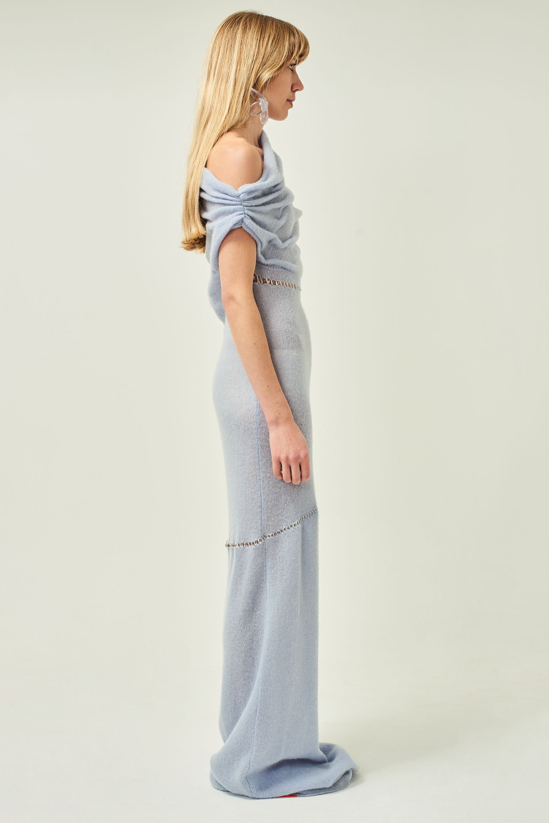 WOMEN STYLE MAXI BLUE CUT OUT STYLE OFF SHOULDER BEADED CASHMERE DRESS