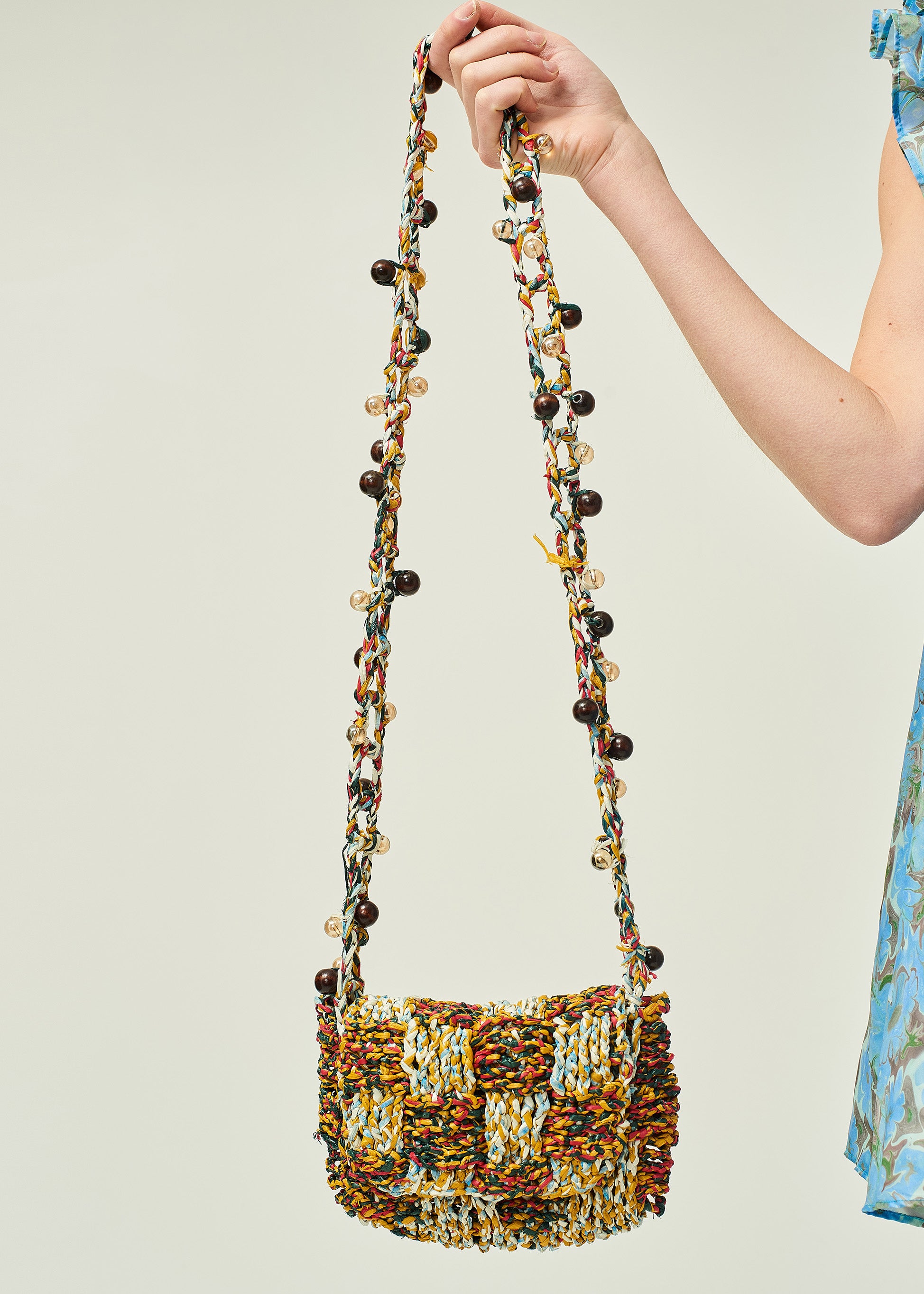 BEIGE WOMEN GIRL KOREAN ASIAN STYLE CROCHET BEADED CROSSBODY BAG SMALL 