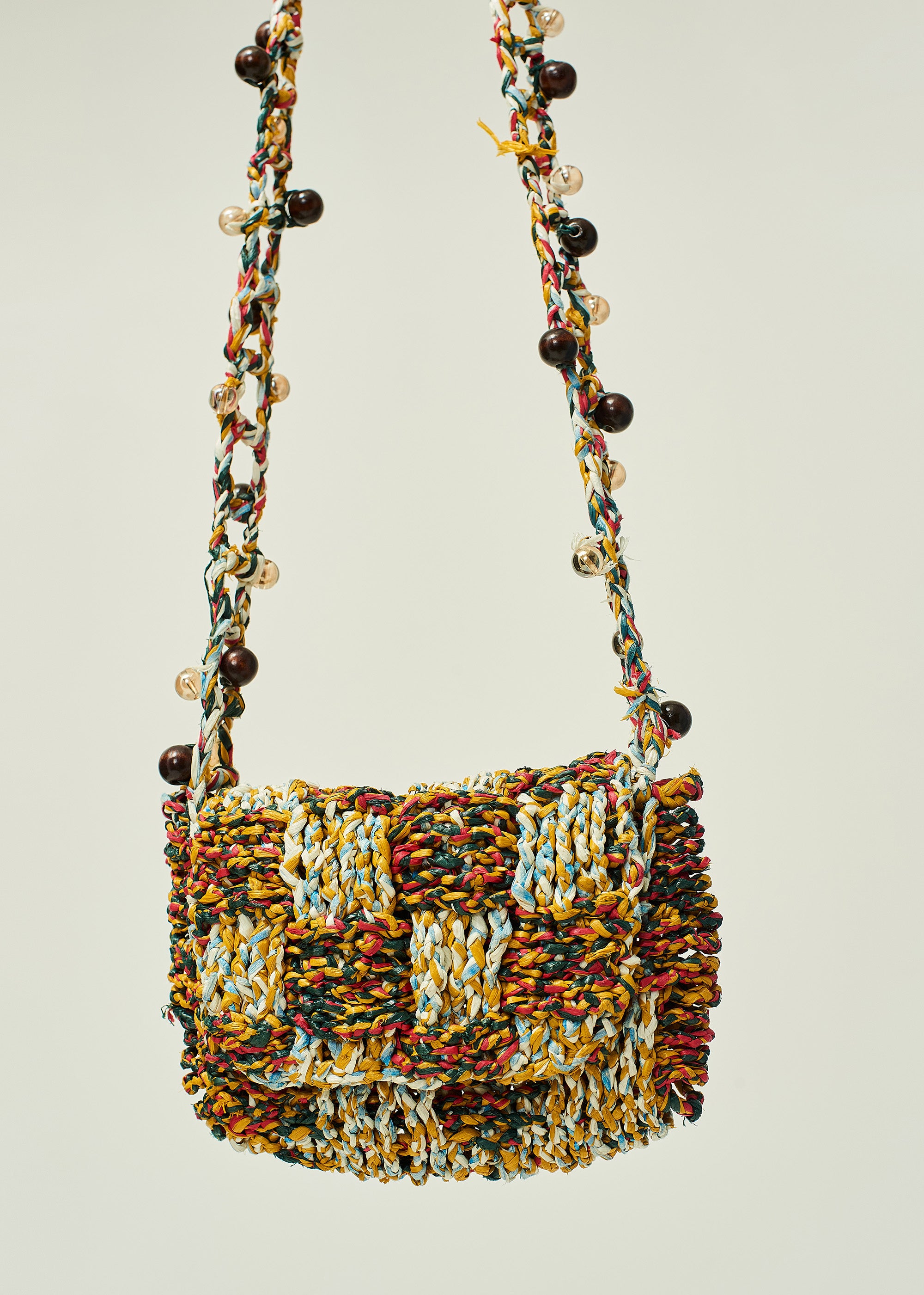BEIGE WOMEN GIRL KOREAN ASIAN STYLE CROCHET BEADED CROSSBODY BAG SMALL 