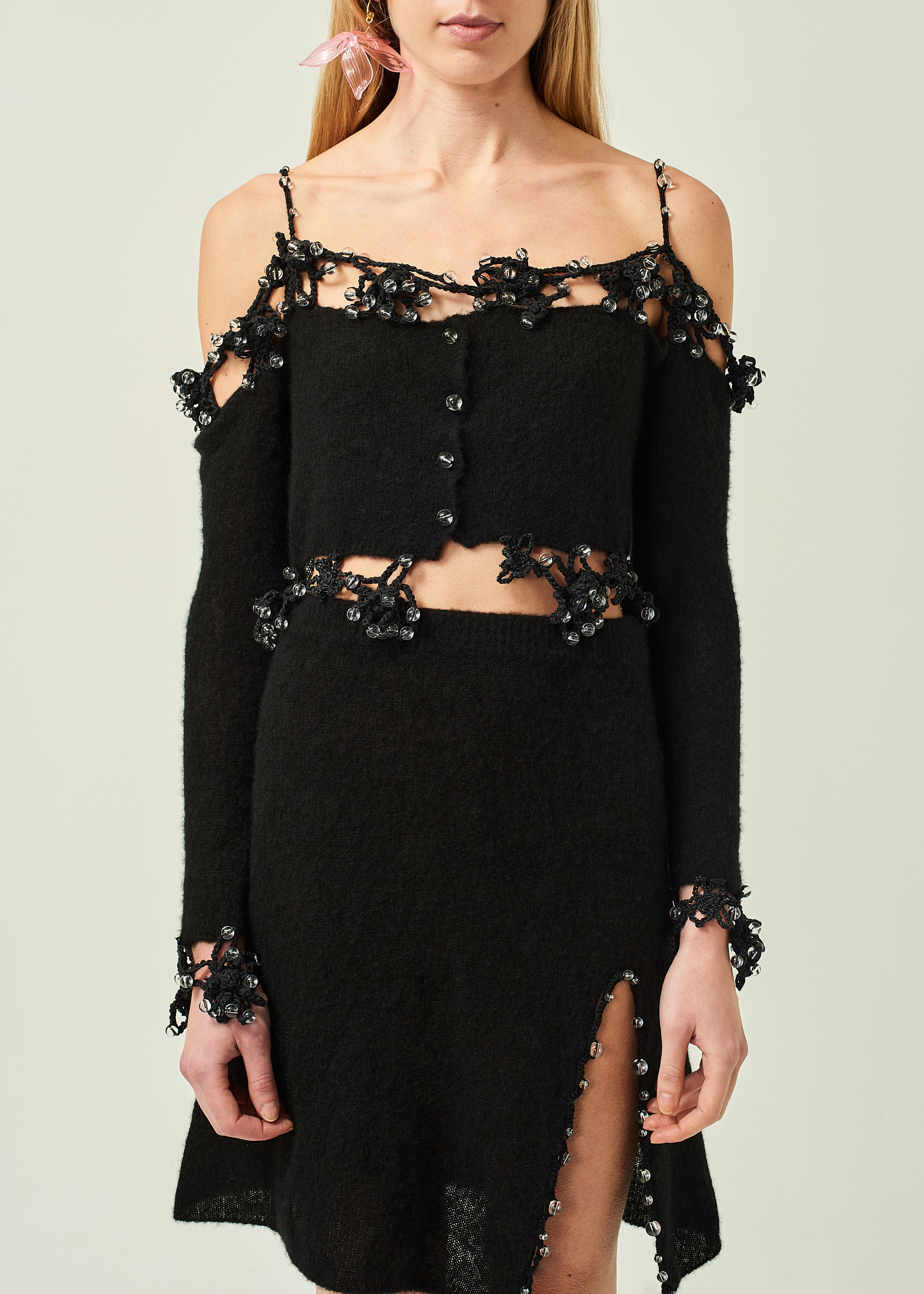 WOMEN BLACK LONG SLEEVE STYLE BEADED CROCHET OFF SHOULDER CARDIGAN