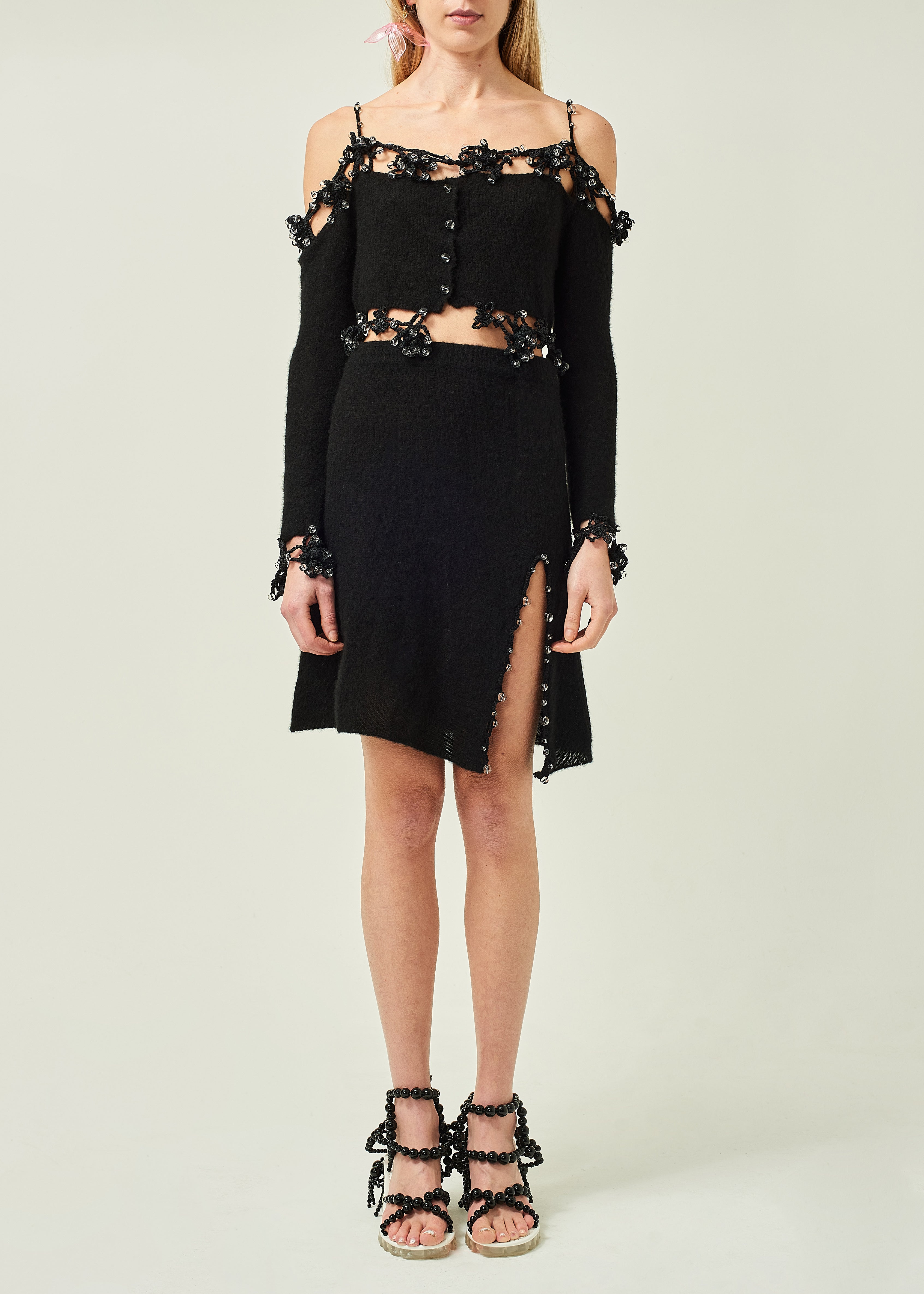 WOMEN BLACK LONG SLEEVE STYLE BEADED CROCHET OFF SHOULDER CARDIGAN