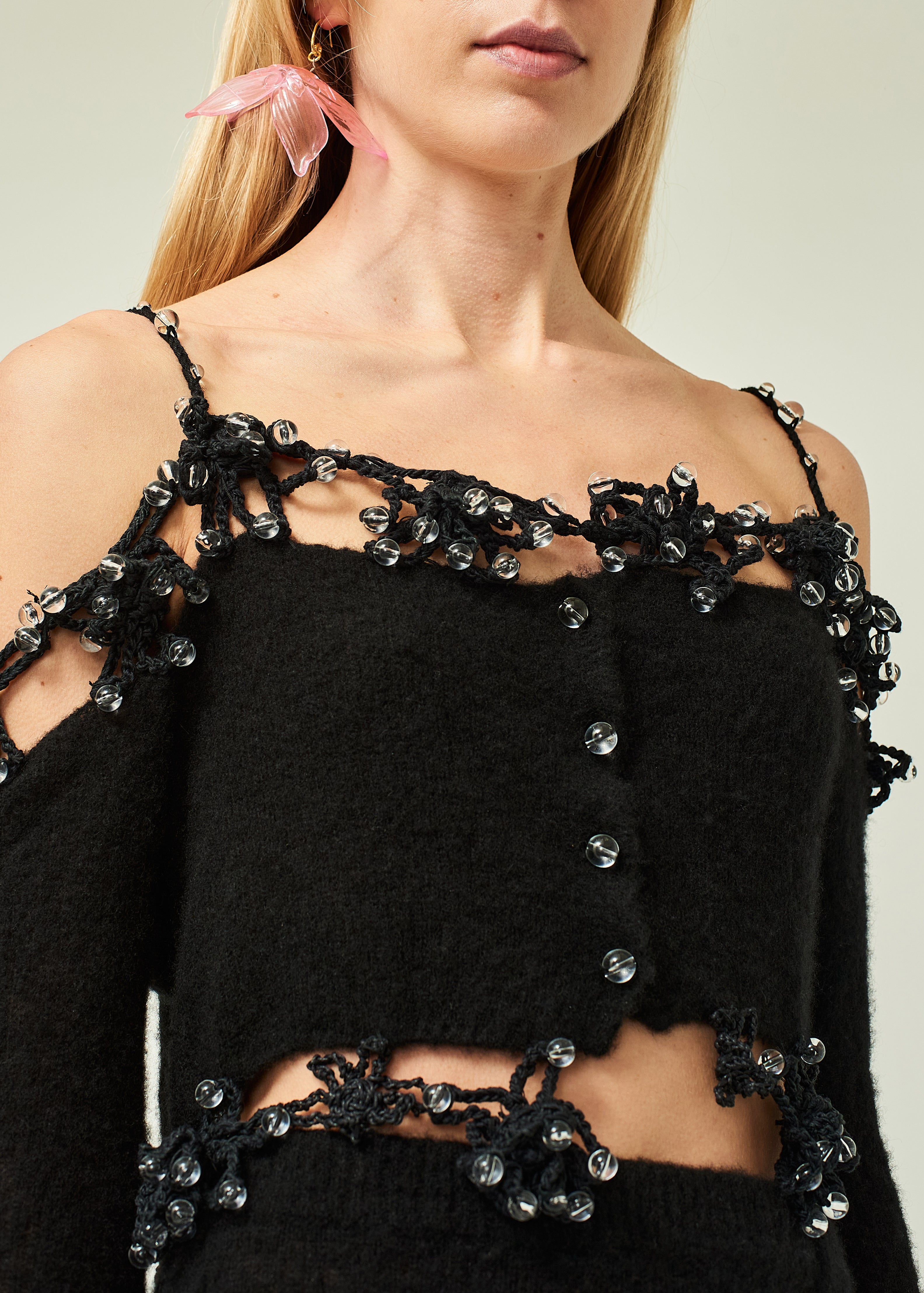 WOMEN BLACK LONG SLEEVE STYLE BEADED CROCHET OFF SHOULDER CARDIGAN