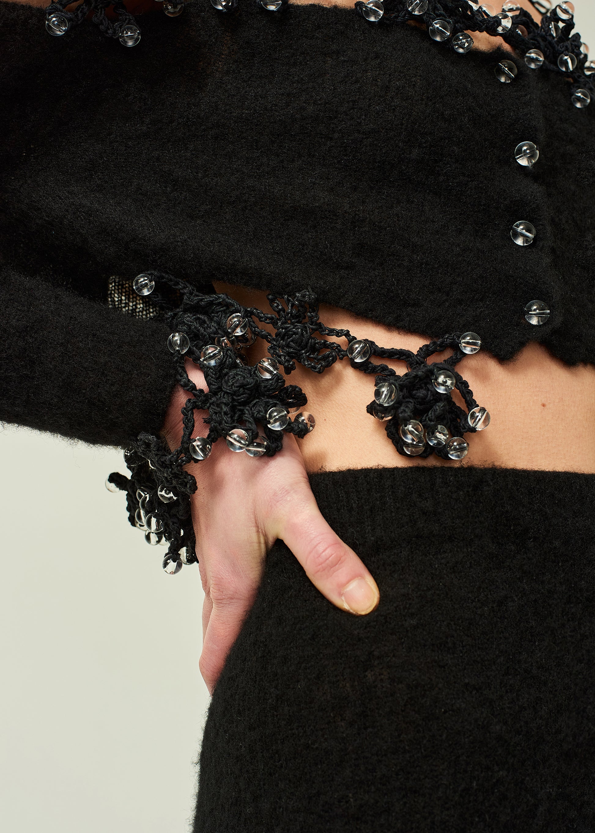 WOMEN BLACK LONG SLEEVE STYLE BEADED CROCHET OFF SHOULDER CARDIGAN