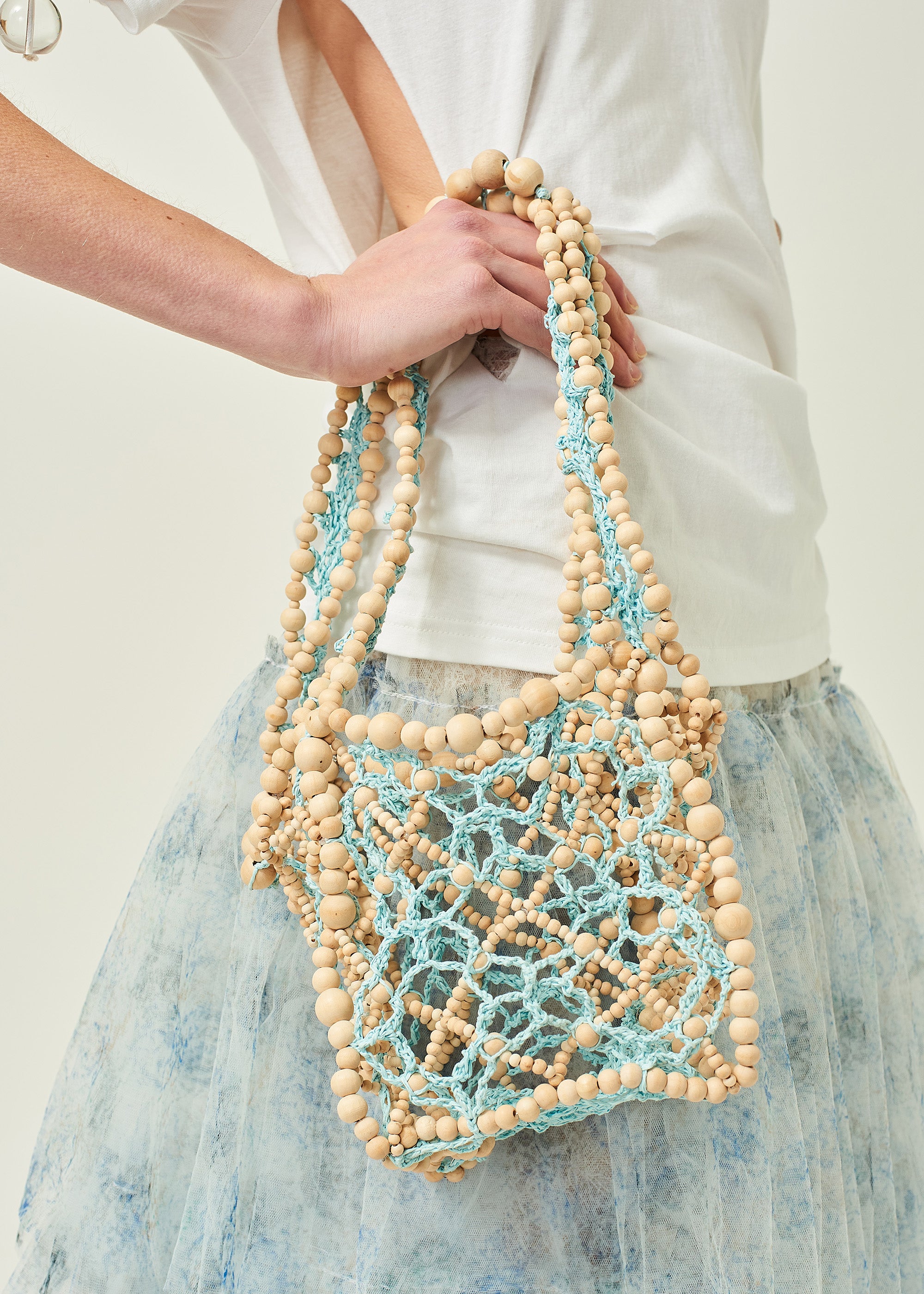 WOMEN GIRL KOREAN ASIAN STYLE BLUE PASTEL BEADED CROCHET SHOULDER BAG
