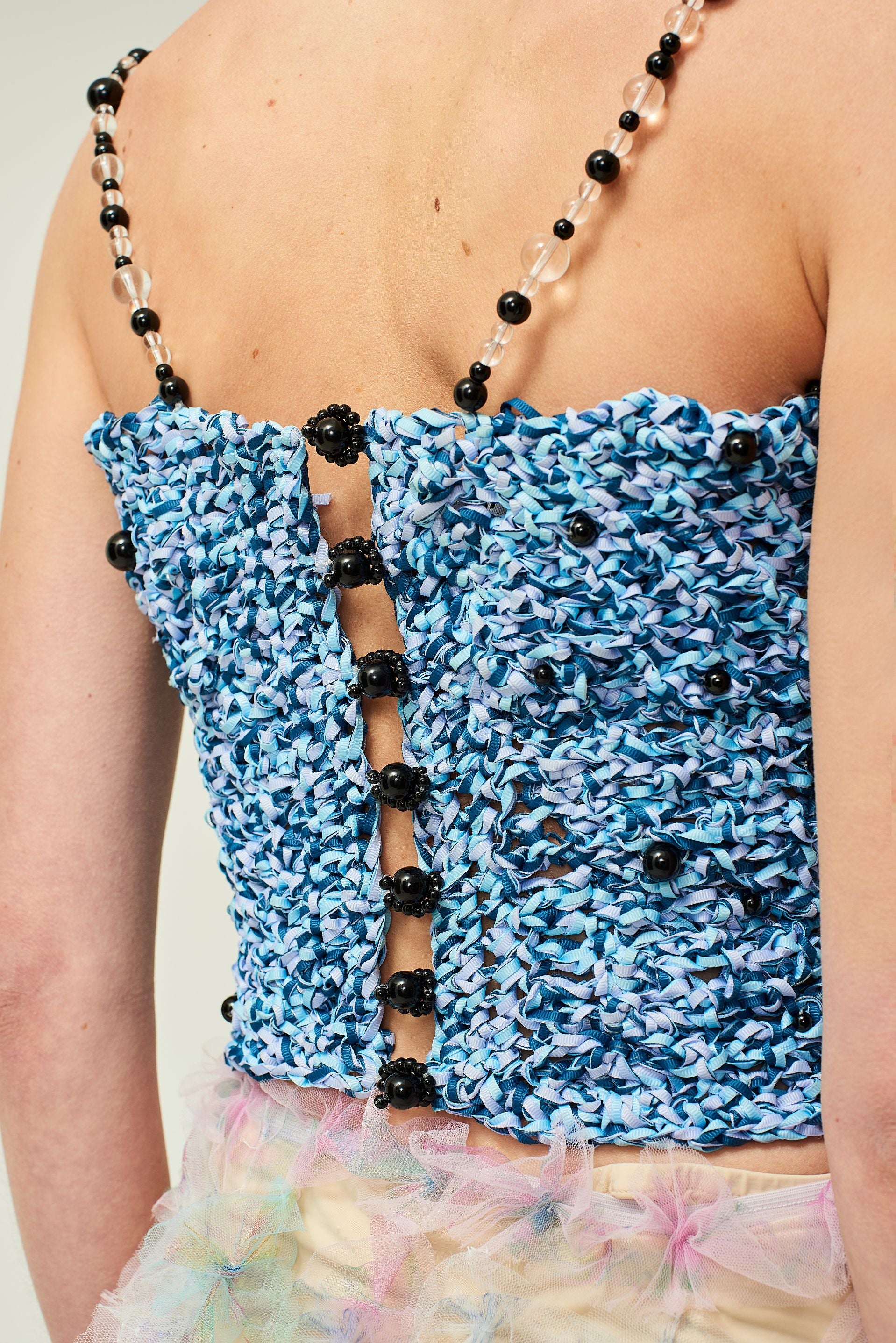 WOMAN SLEEVELESS NAVY CLEAR BEADED CROCHET TOP