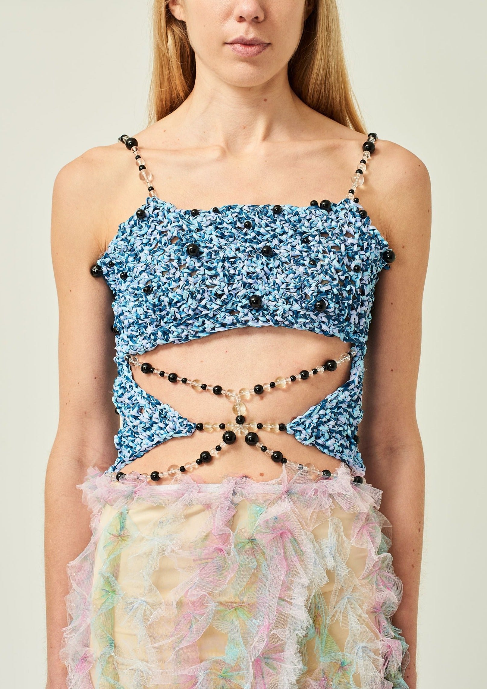 WOMAN SLEEVELESS NAVY CLEAR BEADED CROCHET TOP