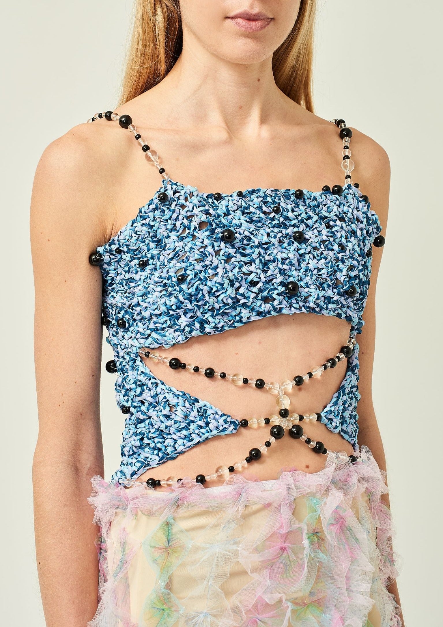WOMAN SLEEVELESS NAVY CLEAR BEADED CROCHET TOP