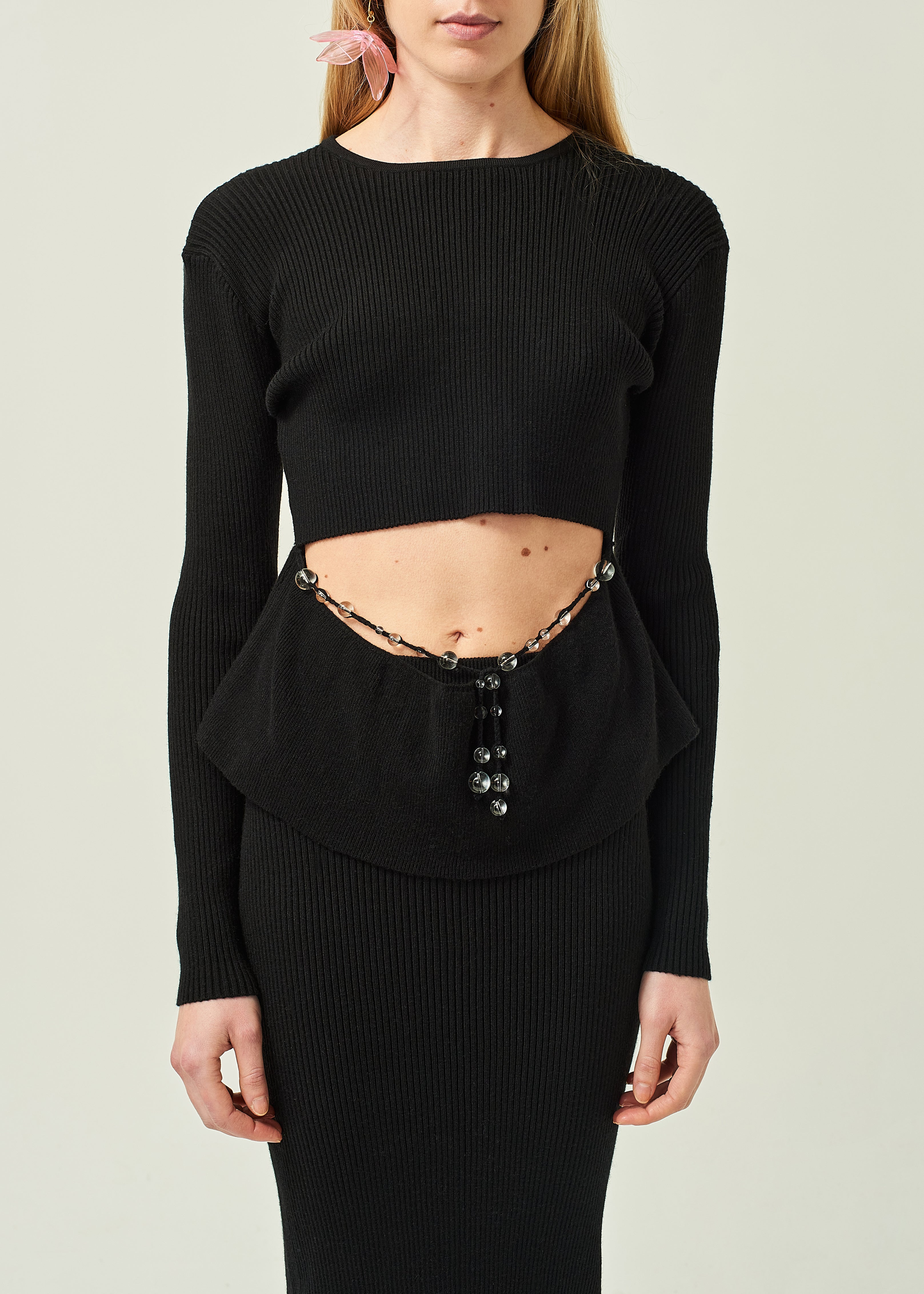 WOMEN LONG SLEEVE STYLE BLACK BEADED CROPPED CUT-OUT TOP