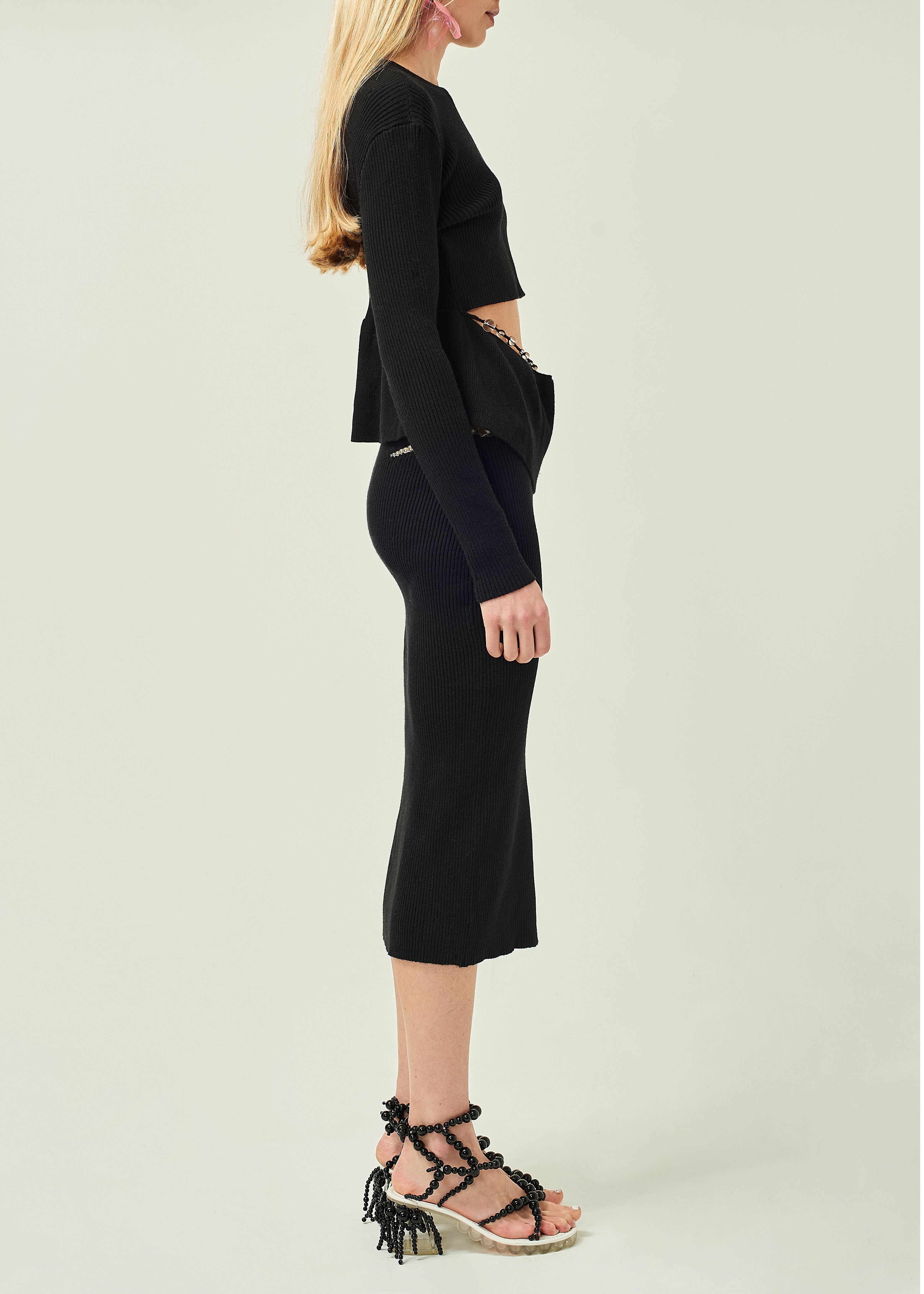 WOMEN LONG SLEEVE STYLE BLACK BEADED CROPPED CUT-OUT TOP