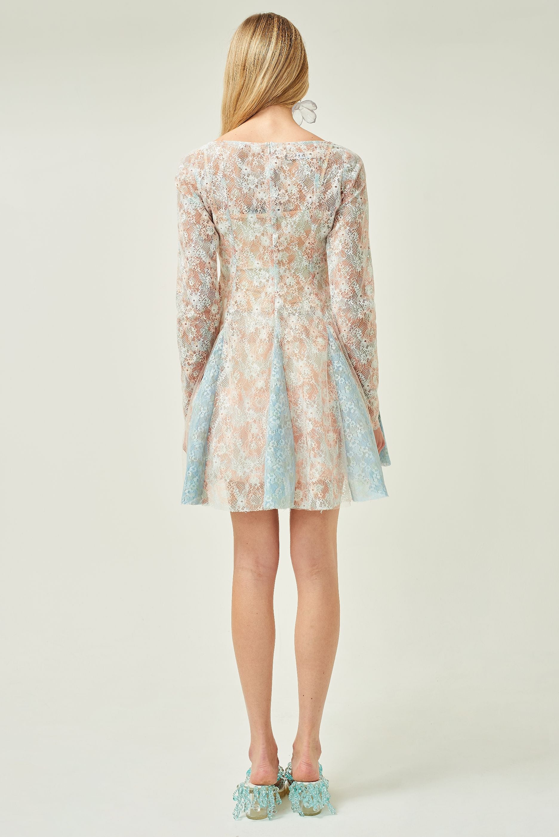 WOMEN LONG SLEEVE MINI SHORT BEADED LACE DRESS