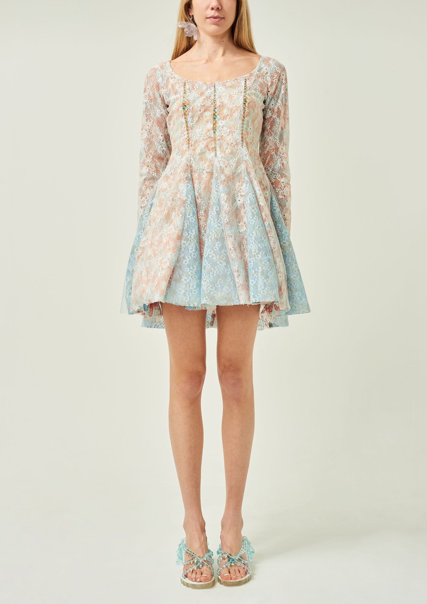 WOMEN LONG SLEEVE MINI SHORT BEADED LACE DRESS