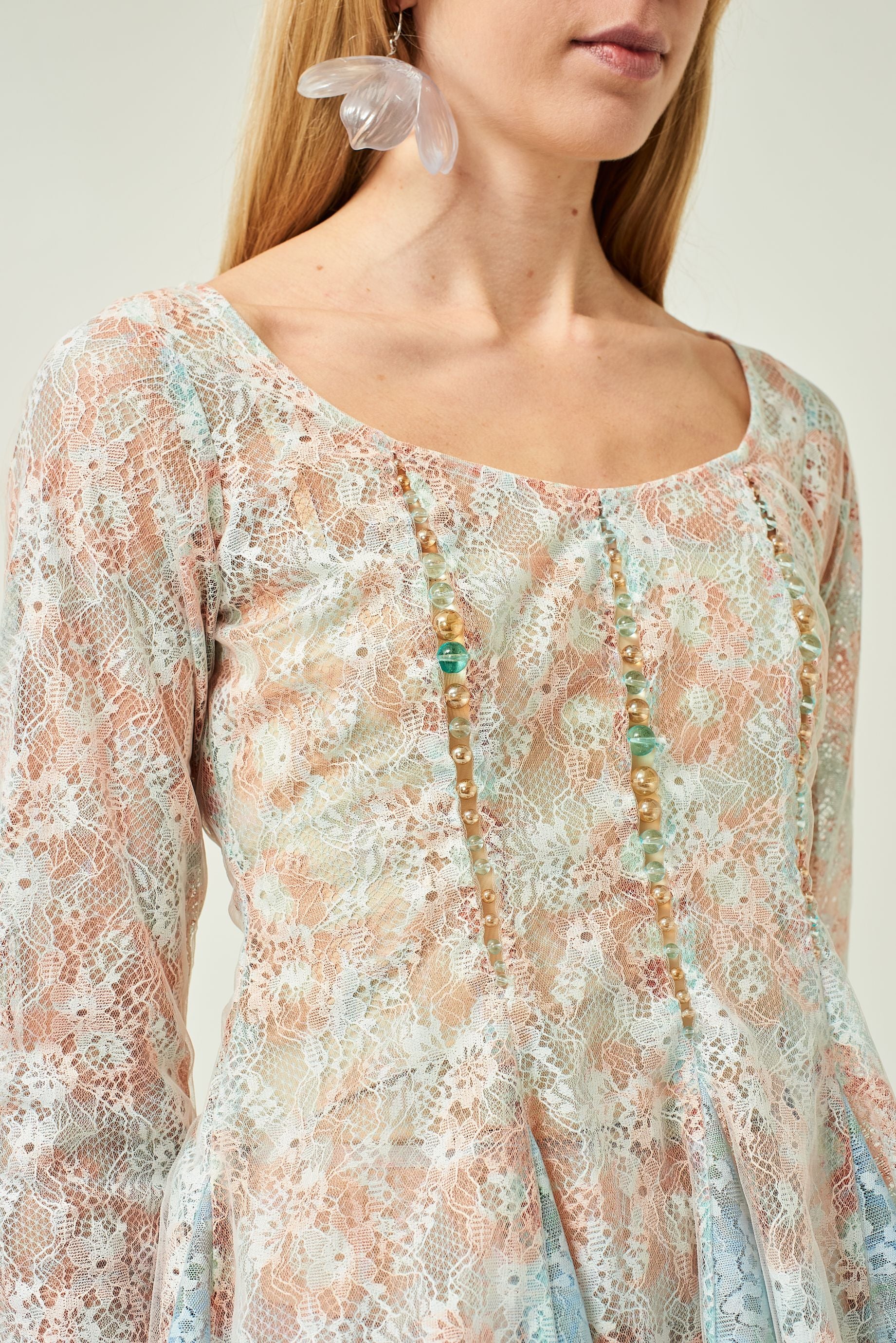 WOMEN LONG SLEEVE MINI SHORT BEADED LACE DRESS