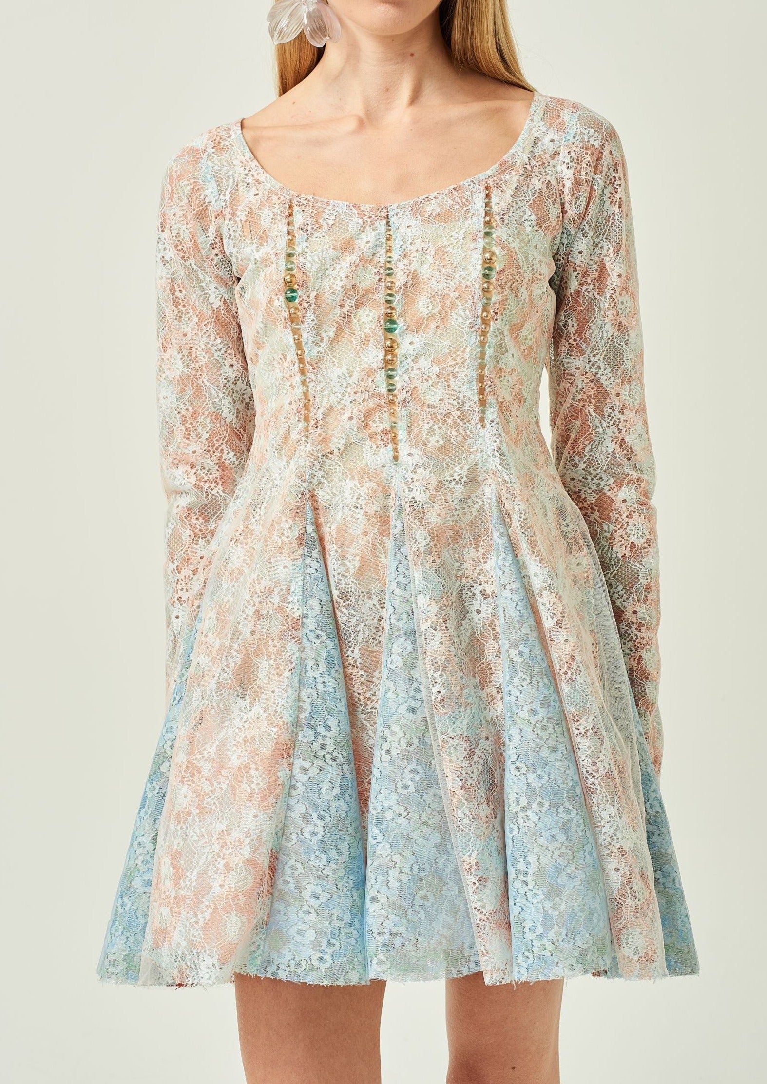 WOMEN LONG SLEEVE MINI SHORT BEADED LACE DRESS