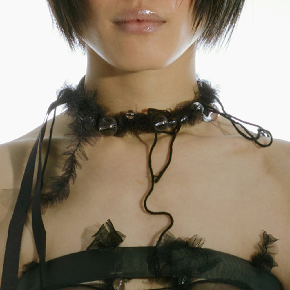 WOMEN NECKLACE BEADED TULLE CHOKER BLACK BEAD CLEAR