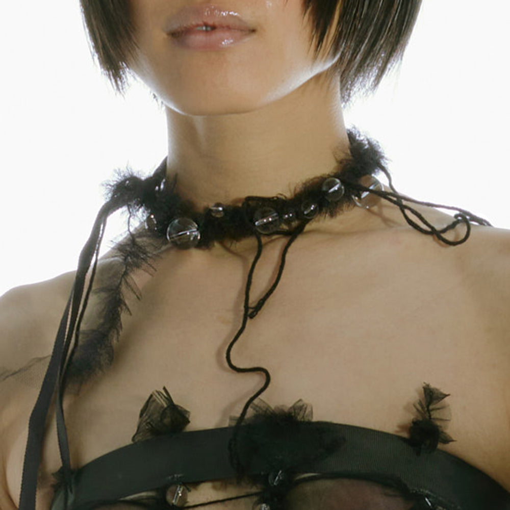 WOMEN NECKLACE BEADED TULLE CHOKER BLACK BEAD CLEAR