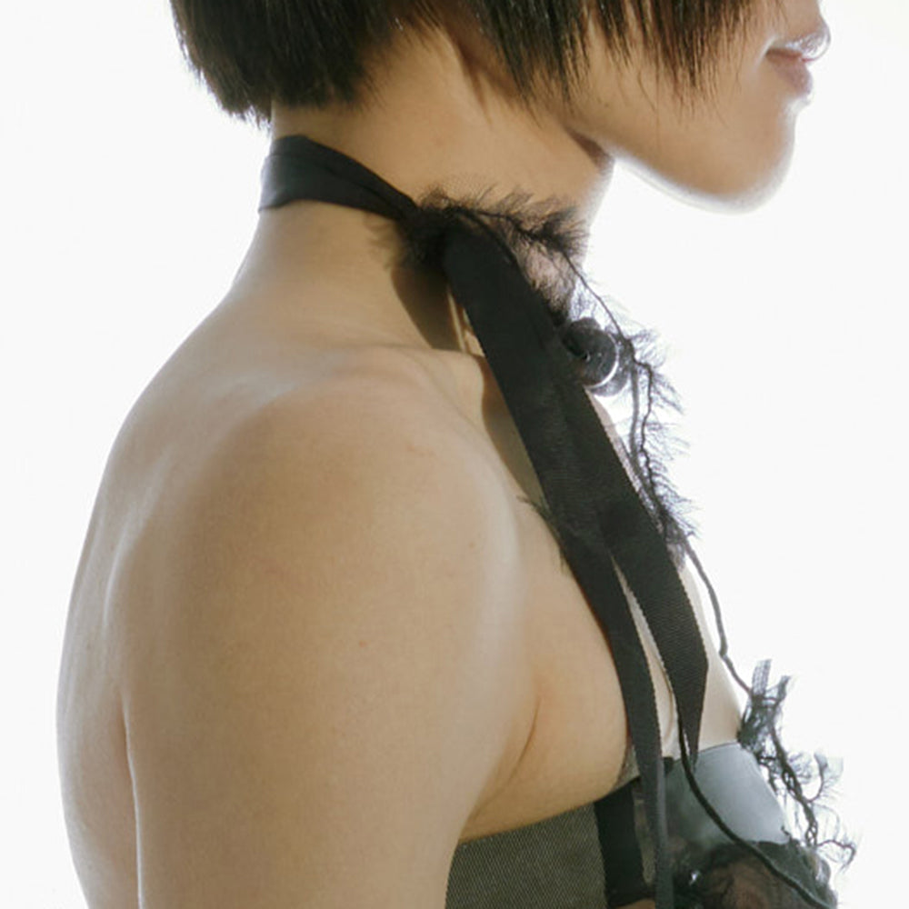 WOMEN NECKLACE BEADED TULLE CHOKER BLACK BEAD CLEAR