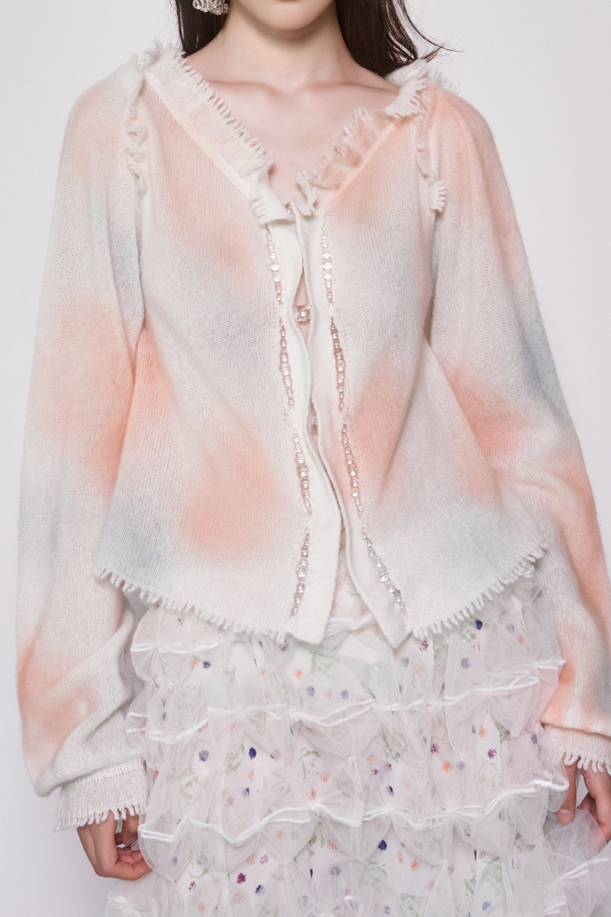WOMEN GIRL PASTEL RUFFLE LONG SLEEVE BEAD PLACKET KNIT CARDIGAN