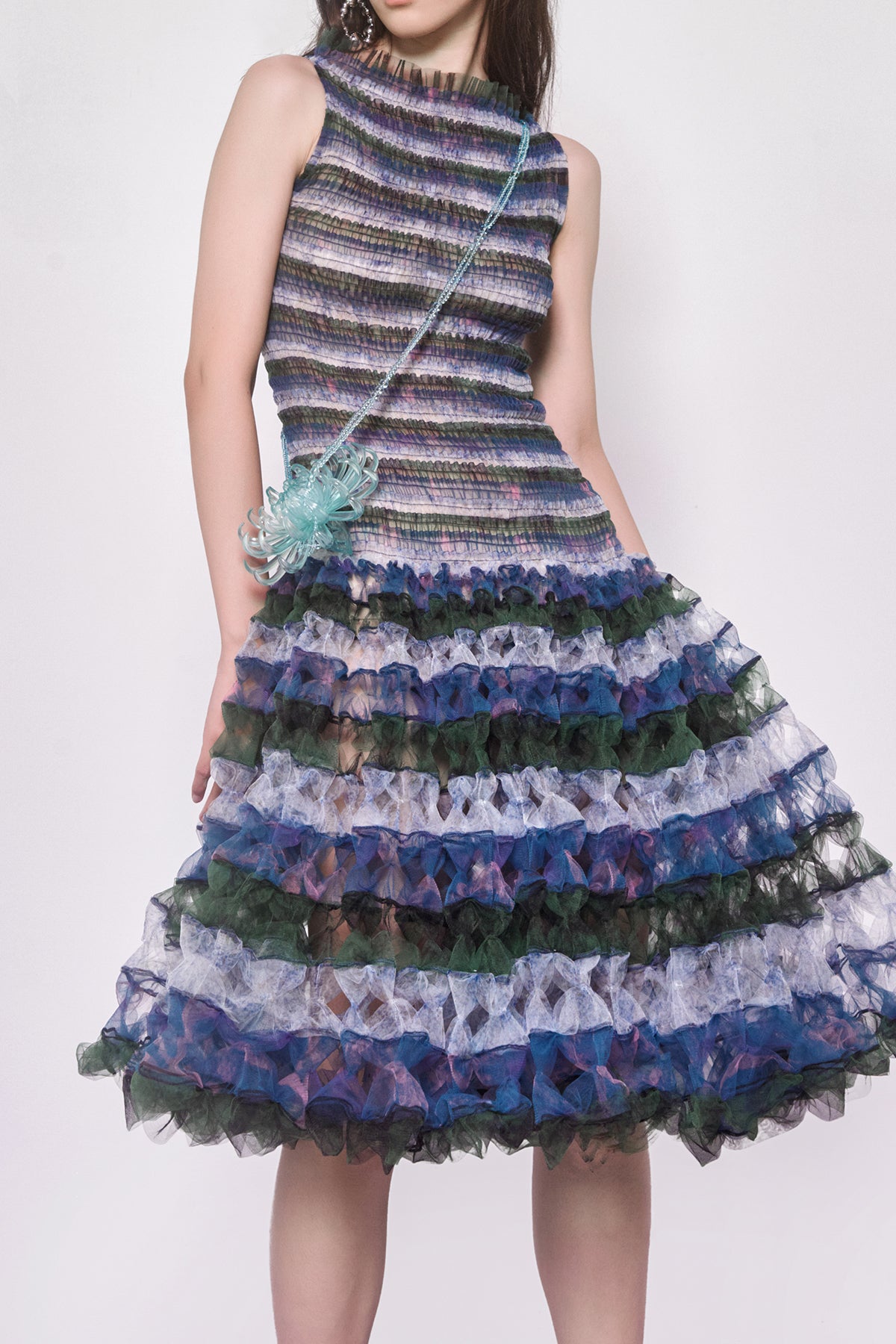 WOMEN GIRL SLEEVELESS MIDI STYLE STRIPED BLUE FIT AND FLARE AIR RIBBON DRESS