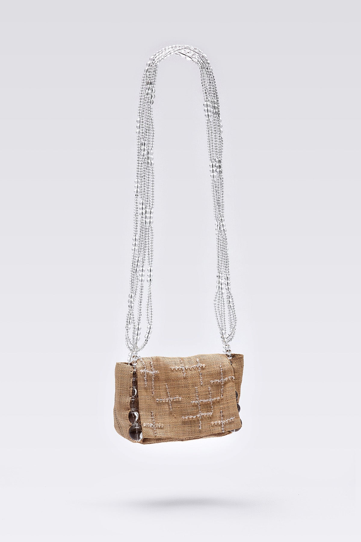 WOMEN GIRL CLEAR BEADS BROWN ACCESSORY PURSE SHOULDER BUBBLER AFFIA FOLD MINI